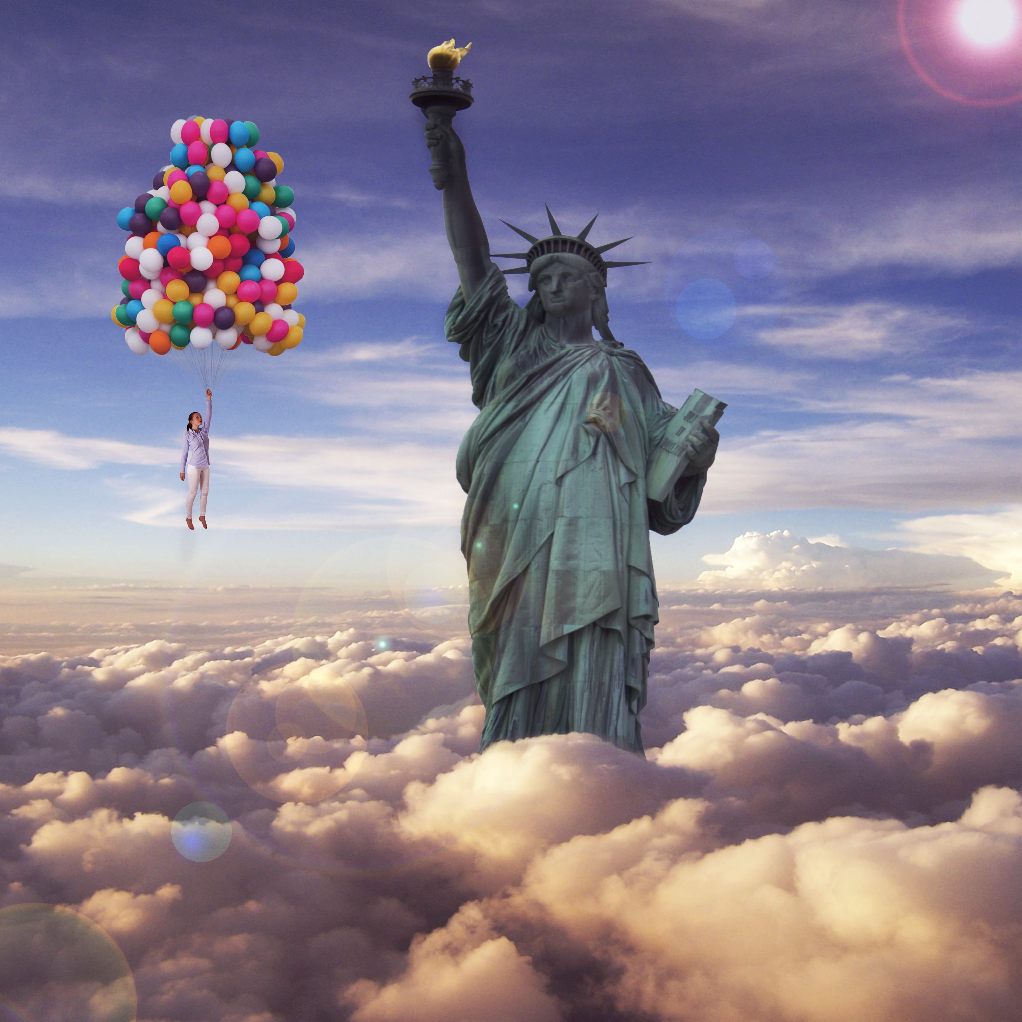 3500x3500 Edited photo of woman holding bunch of helium balloons floating above clouds with statue of Liberty HD wallpaper