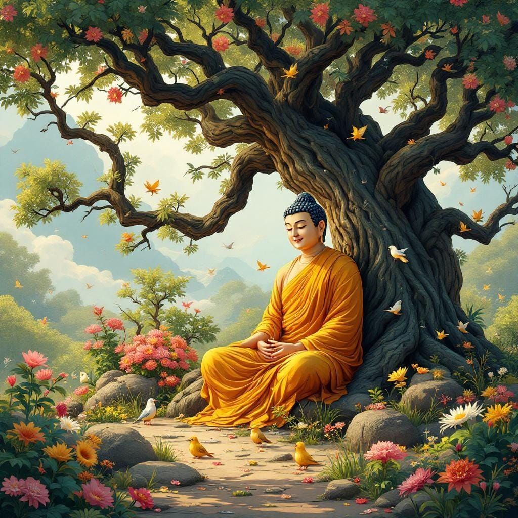 1024x1024 Buddha Meditates Under Bodhi Tree in Vibrant Natur
