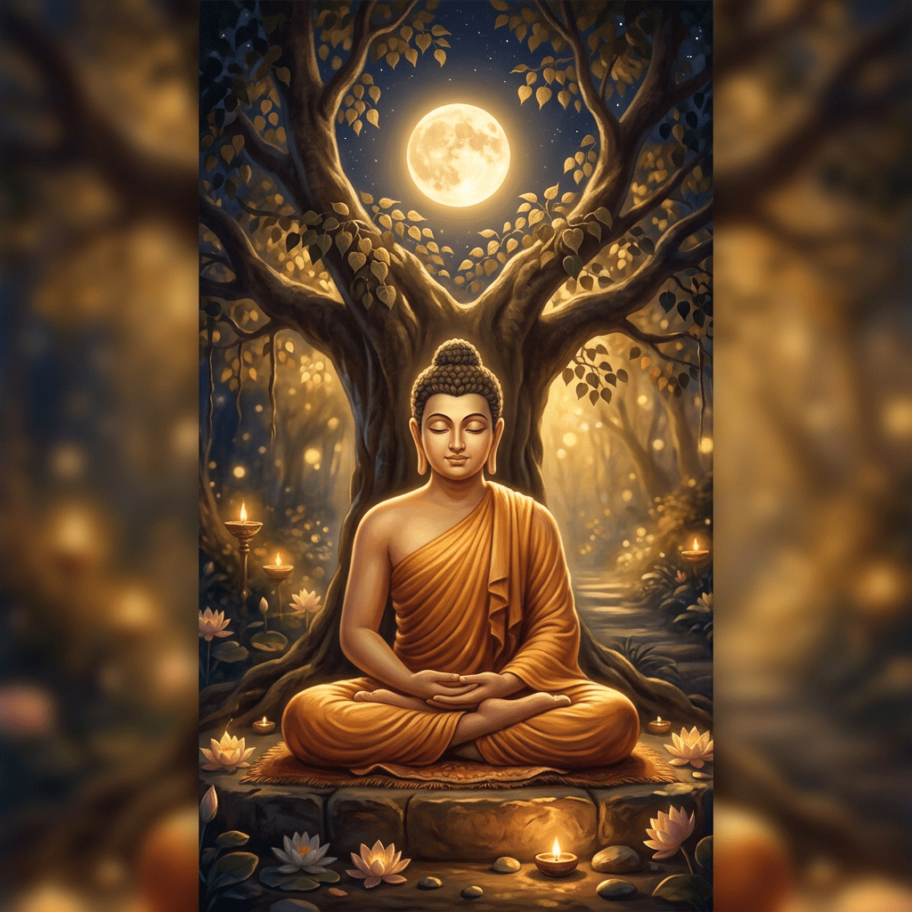 1024x1024 Tranquil Buddha Meditation Under Full Moon Wallpaper. AI Art Generator. Easy Peasy.AI