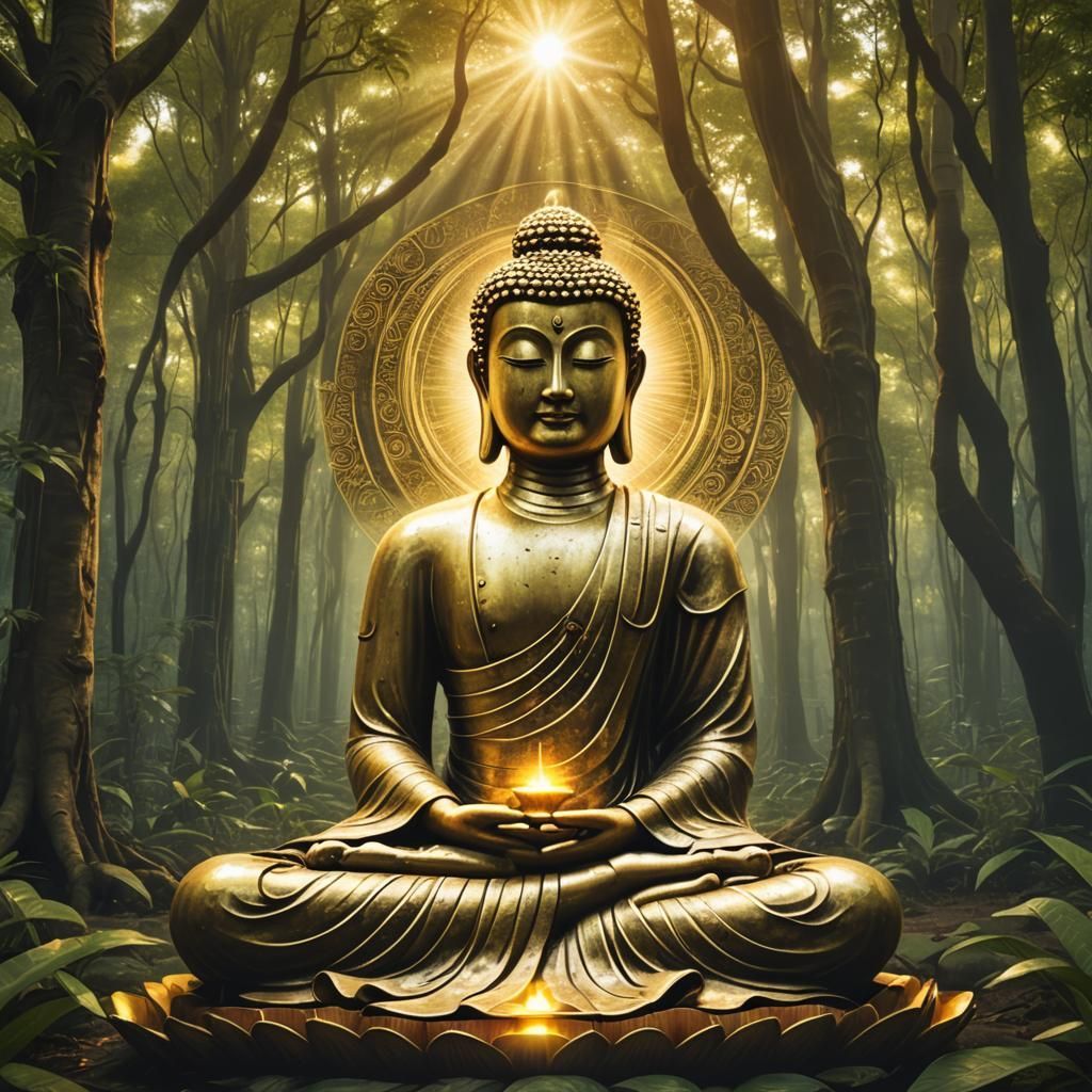 1024x1024 Buddha Statue in Forest with Golden Aura