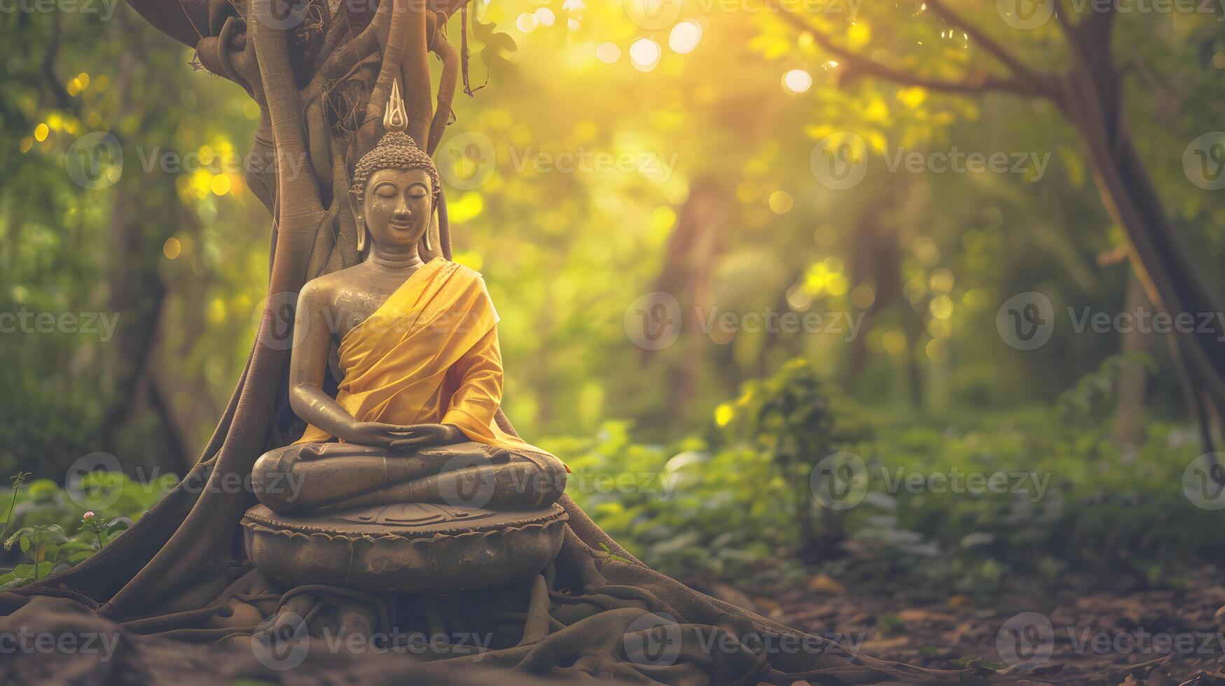 1749x980 AI generated Buddha statue meditating near big tree