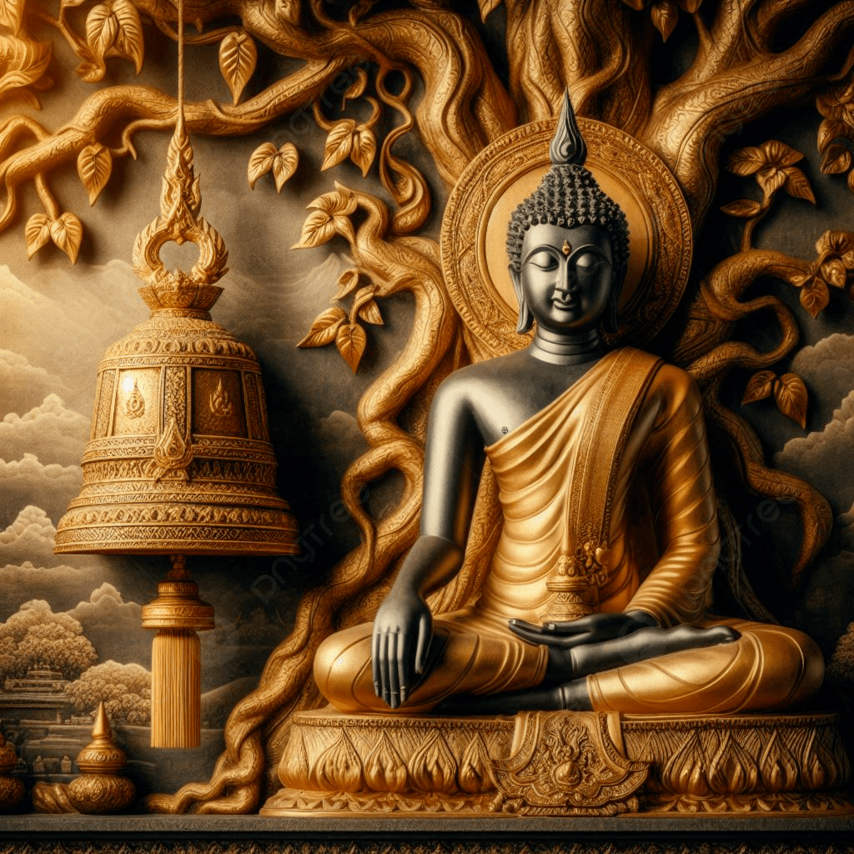 1200x1200 Ai Generated Generative Culture History Asian Indian Religion Buddha Statue Figure In Old Vintage Retro Antique