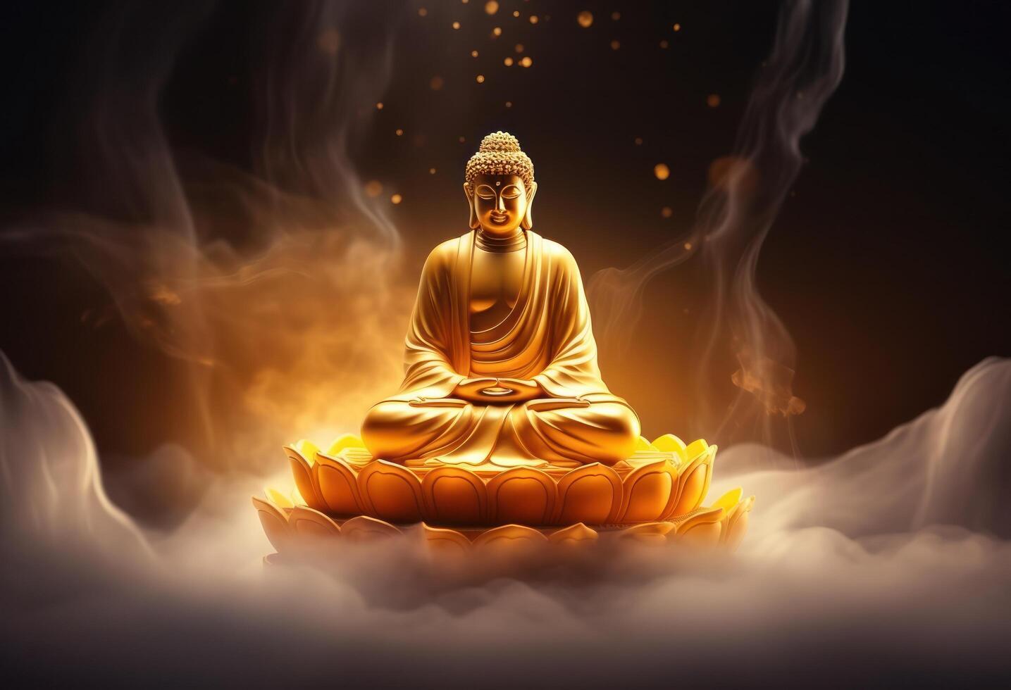 1435x980 AI generated a golden buddha statue is resting on a cloud