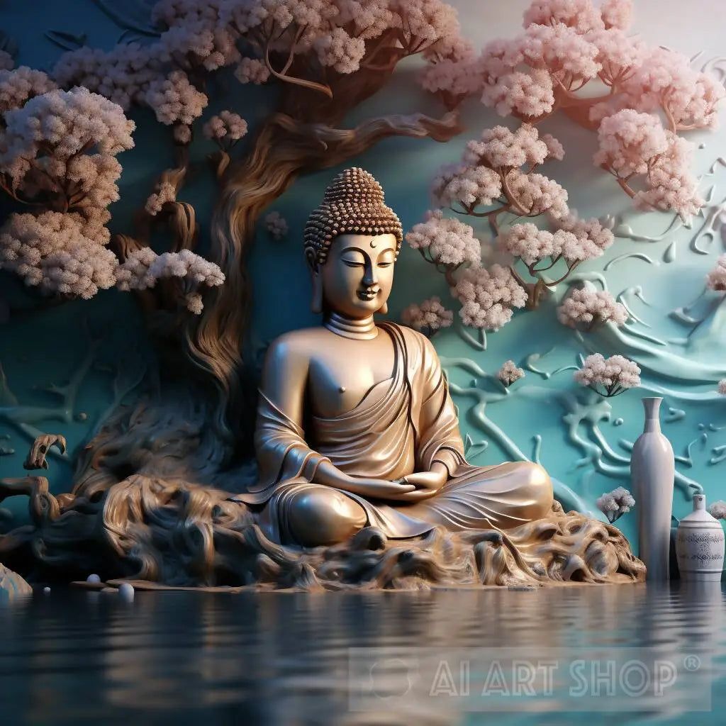 1024x1024 Tranquil 3D Buddha: Meditating by the Water's Edge