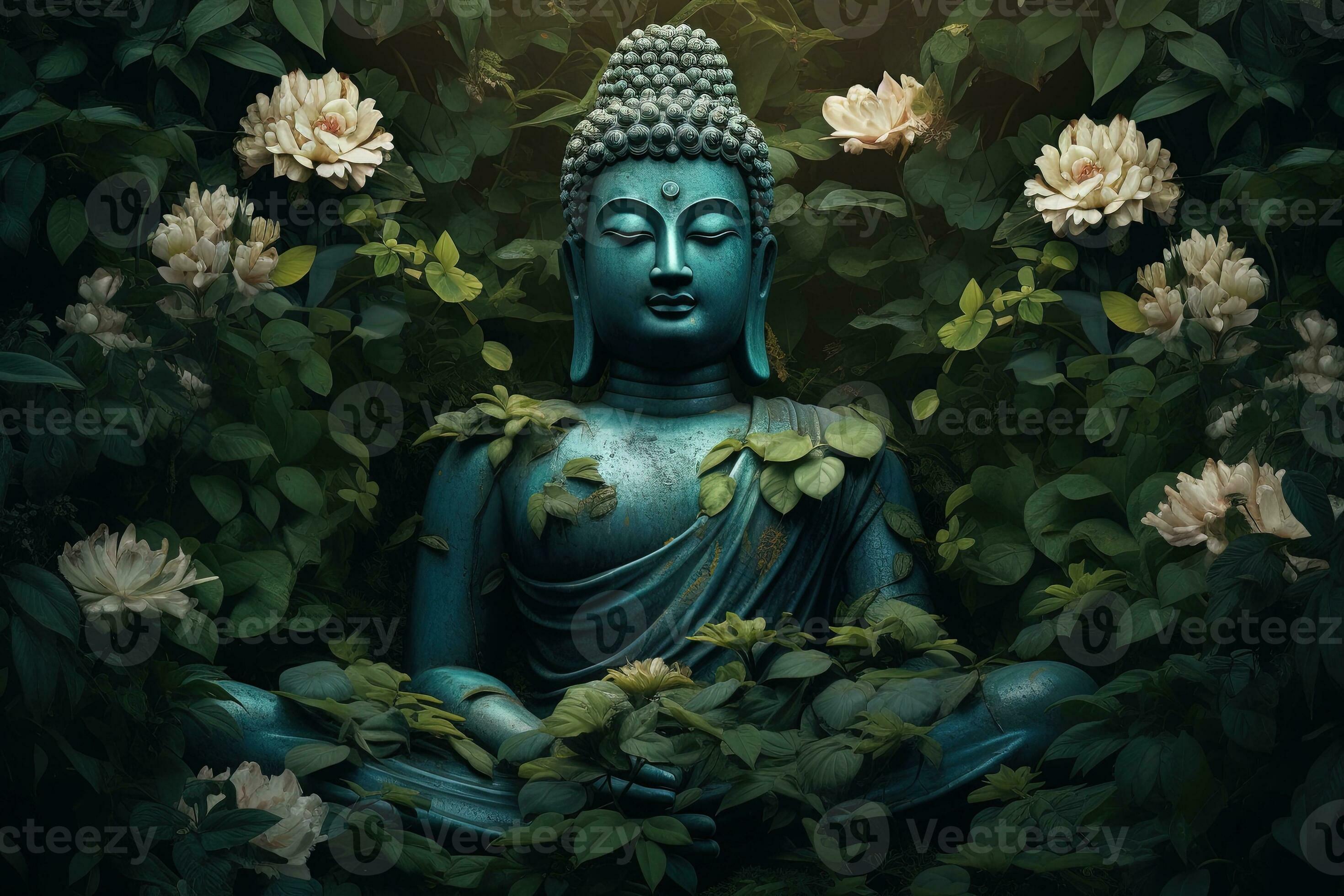 2940x1960 Buddha statue with lotus flower and green leaves background AI Generated