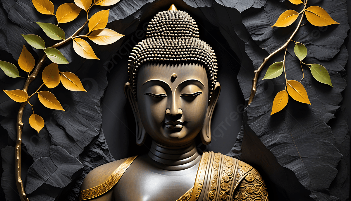 1200x686 Golden Buddha With Dark Cave Wall Art, 3D Spiritual Buddha With Yellow Branch Leaf, Life Like Buddha With Stone Cave, Ai Generated Background Image And Wallpaper for Free Download