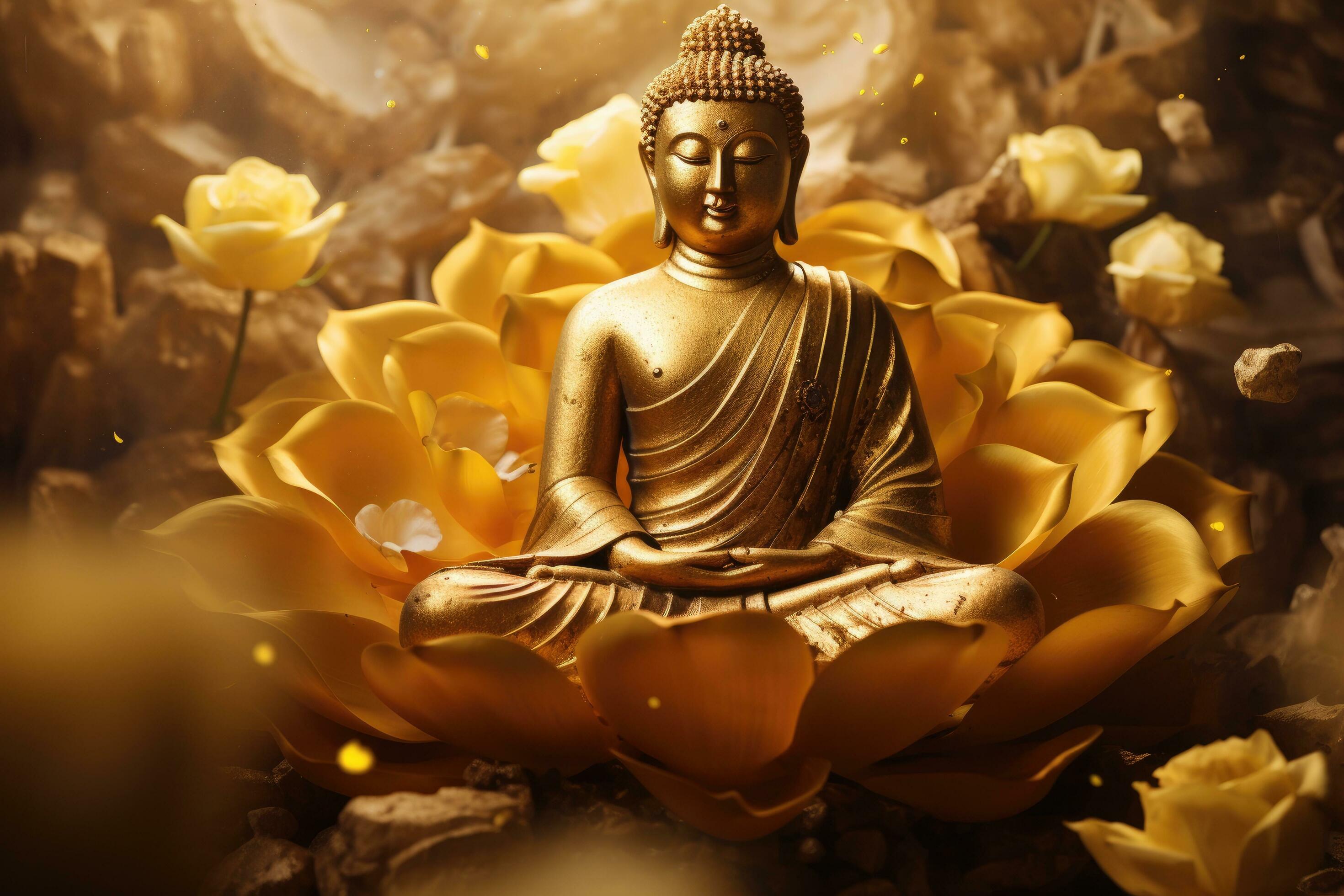 2940x1960 AI generated Buddha statue with lotus flower and golden color background, Golden Buddha in a golden lotus flower, AI Generated