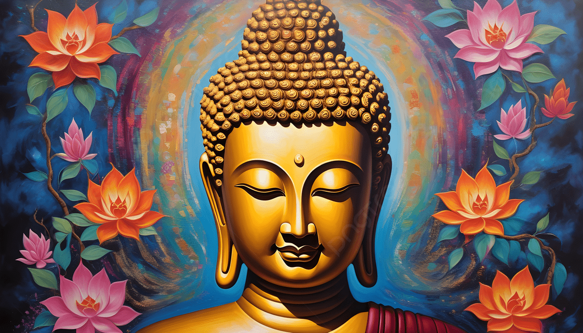1200x686 Golden Buddha With Lotus Painting Art, Illustraion Spiritual Buddha Wallpaper, Buddha Painting With Blue Background, Ai Generated Background Image And Wallpaper for Free Download