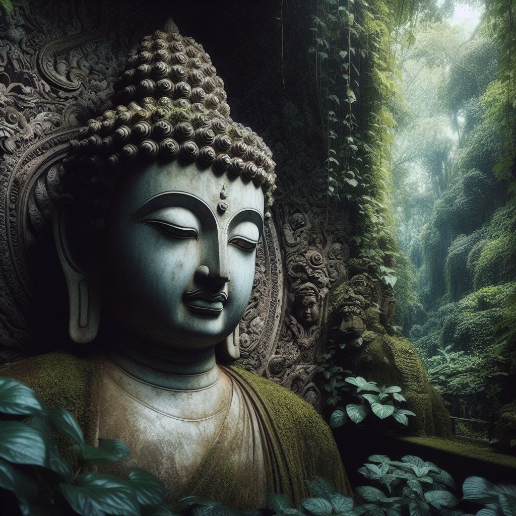 1024x1024 Ancient Buddha statue in a luxuriant Jungle