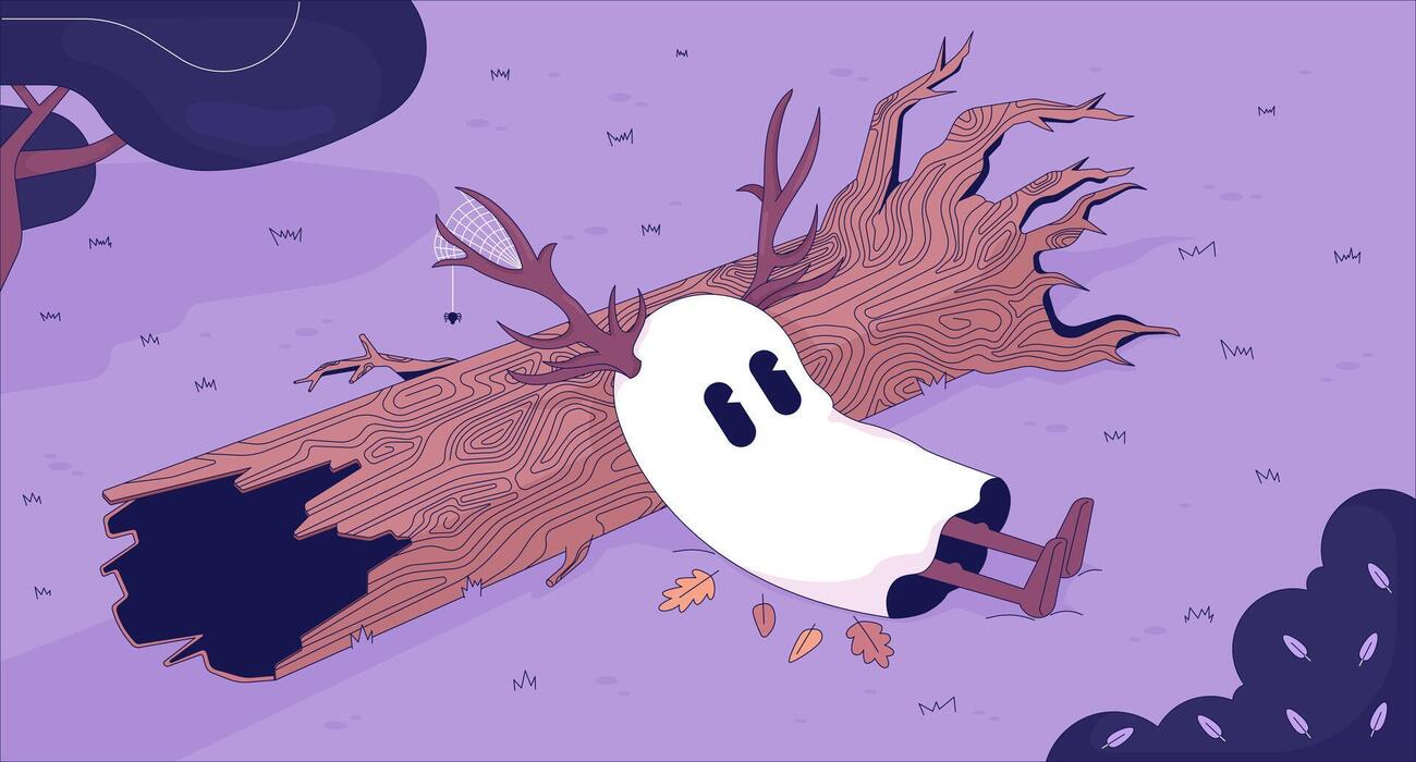 1300x700 Cute ghost in melancholy autumn forest lofi wallpaper. Friendly spirit with deer antlers 2D character cartoon flat illustration. Fallen tree trunk chill vector art, lo fi aesthetic colorful background 29241313 Vector Art