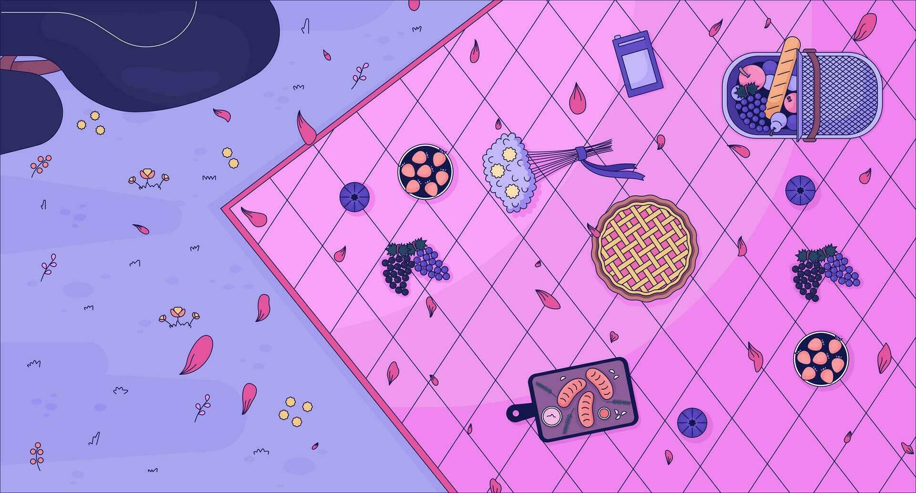 1820x980 Autumn picnic blanket countryside lofi wallpaper. Harvest fruits flowers 2D overhead top view cartoon flat illustration. Wild flowers petals chill vector art, lo fi aesthetic colorful background