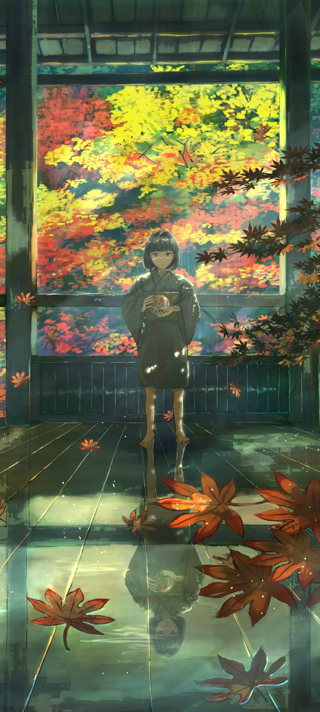 1080x2400 Download Kimono Child Fall Anime Girl Anime Girl Autumn Anime Phone Wallpaper