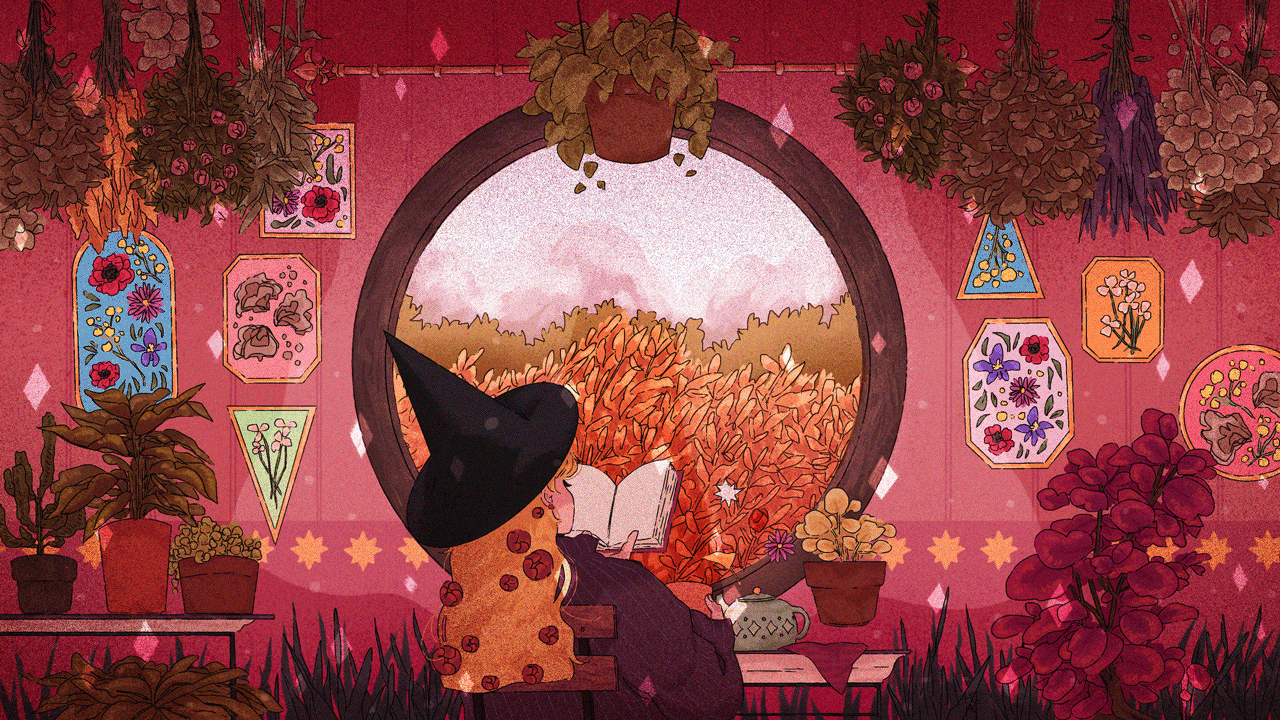1280x720 Computer wallpaper witch aesthetic. Witch laptop wallpaper aesthetic, Fall lofi aesthetic, Dreamy art