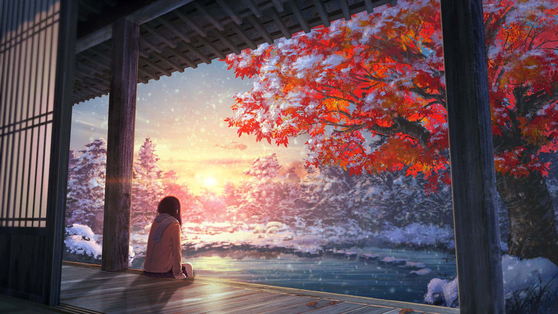1920x1080 Download a woman is sitting on a porch looking out at the snow Wallpaper