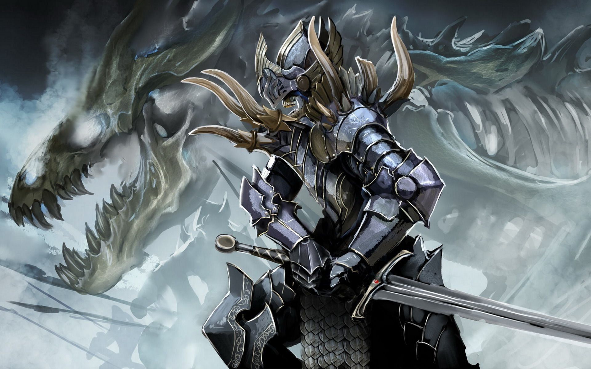 1920x1200 Epic Fantasy Knight: Armored Warrior Facing Dragon Wallpaperx1200