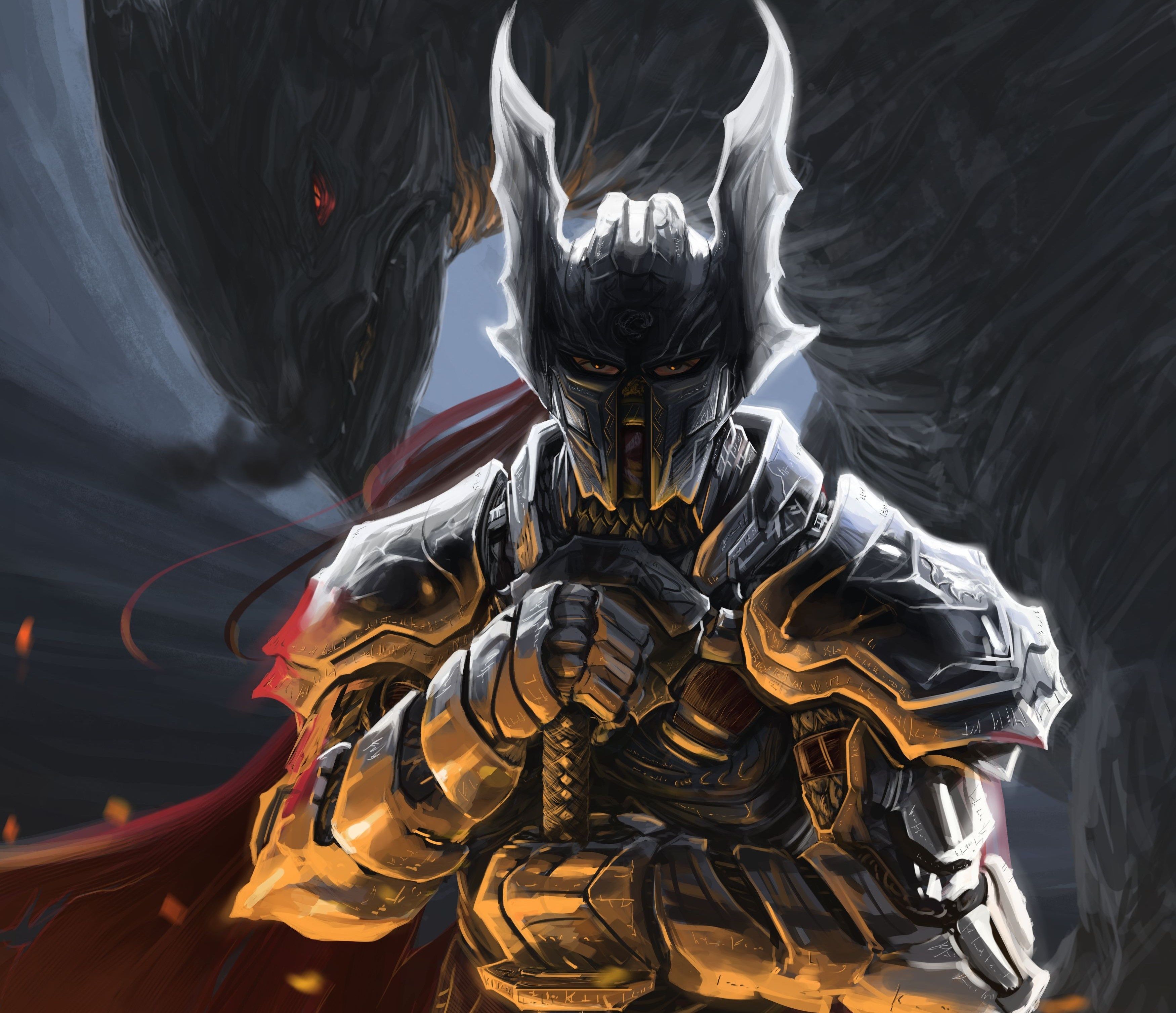3500x3015 art, Peter, Balogh, Armor, Warrior, Monster, Helmet Wallpaper HD / Desktop and Mobile Background
