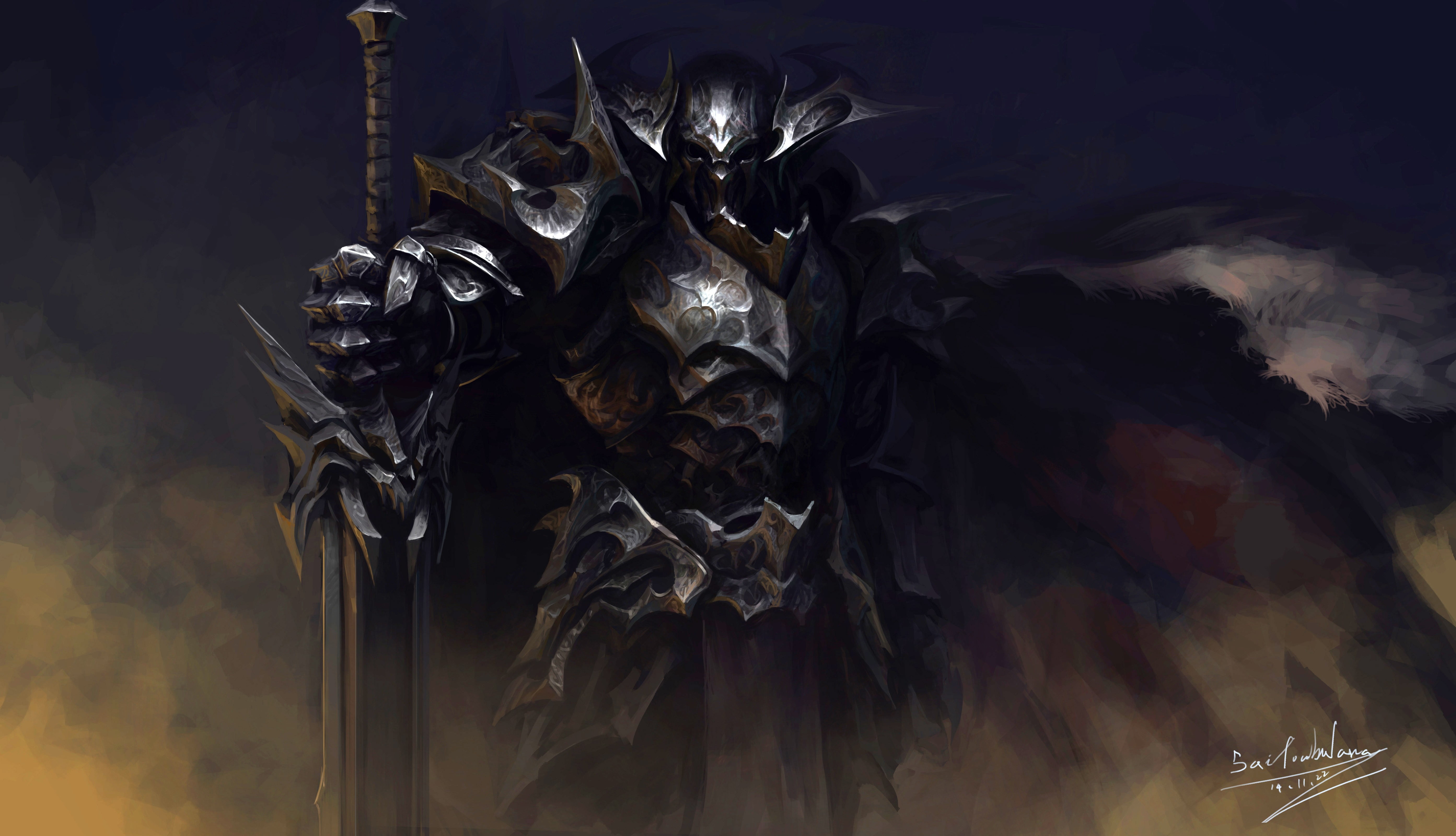 5573x3201 Animated warrior character, armor, knight, dark background, fantasy art HD wallpaper