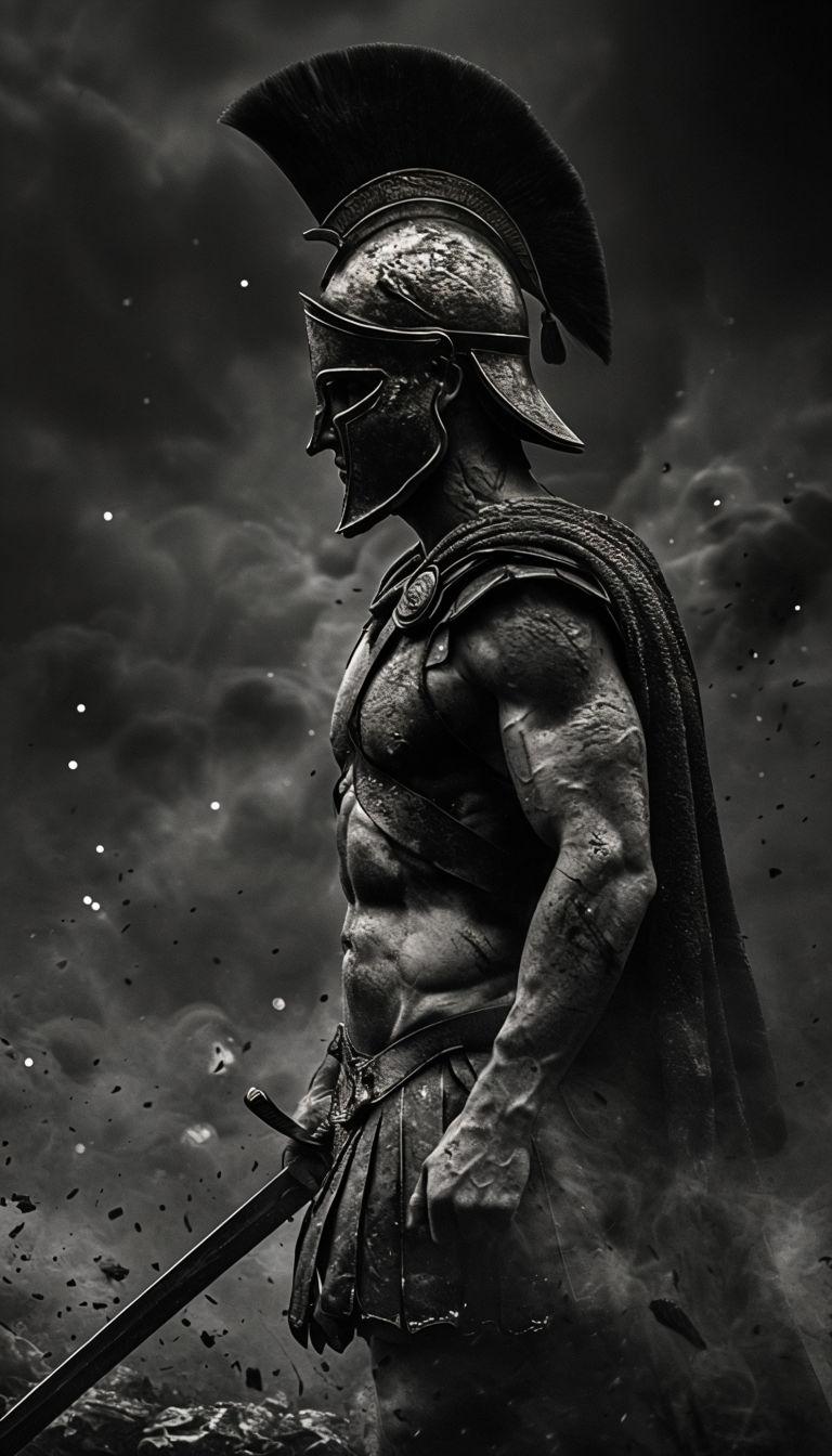 768x1344 Dramatic Black and White Warrior in Ancient Greek Armor Mobile Wallpaper