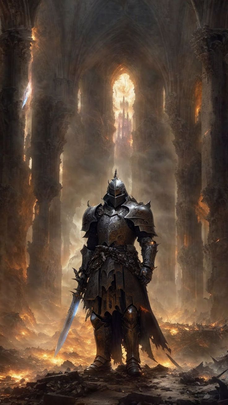 736x1308 free wallpaper 4K knight, warrior, armor, building, ruins, architecture, art for mobile and desktop