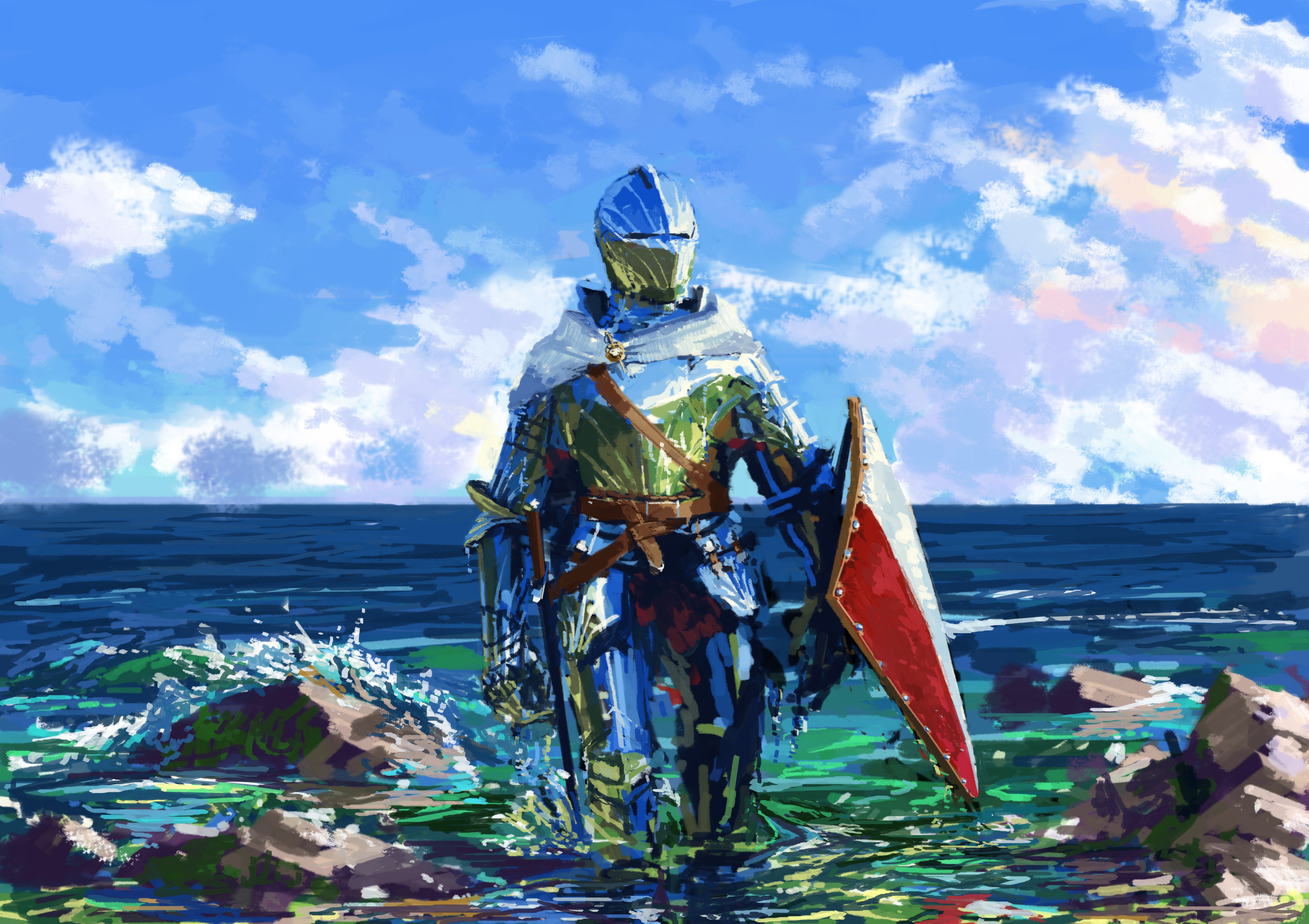 5906x4169 Desktop wallpaper: Knight, Horizon, Fantasy, Armor, Shield, Warrior 4K free download for PC. 807149