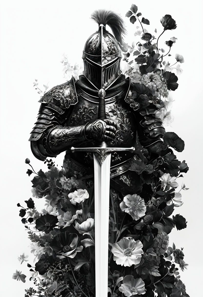 832x1216 Majestic Armored Knight Surrounded by Floral Elements Art