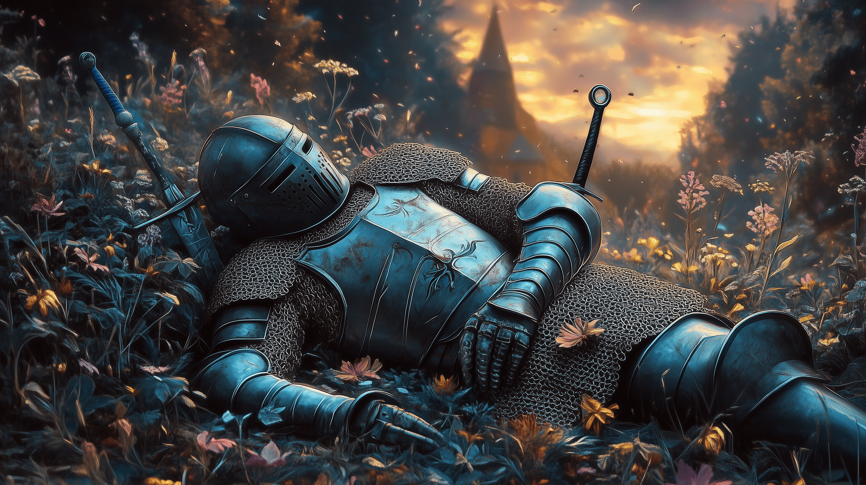 2912x1632 HD Fantasy Adventure: Fallen Knight in Armor Wallpaper