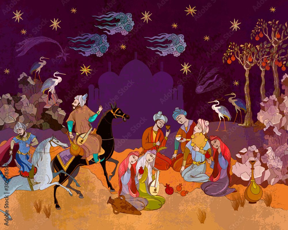 1000x800 Image vectorielle Stock Persian frescoes. Thousand and One Nights. Fairy tales and legends of the Middle East. Medieval miniature. Mughal art. Ancient civilization murals. Ottoman Empire art