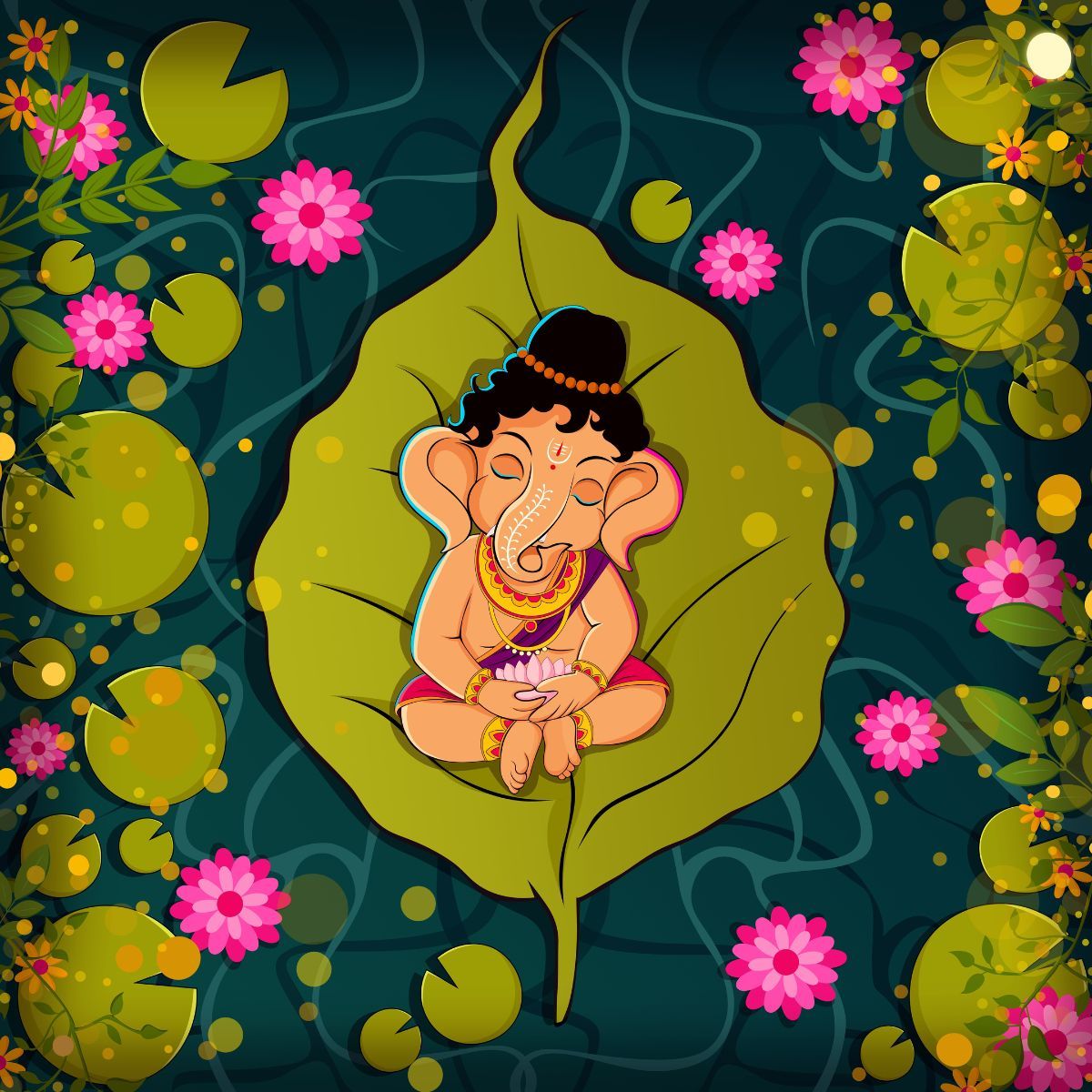 1200x1200 Gannu, Baby Ganpati Sleeping on Peepul Leave Wallpaper®