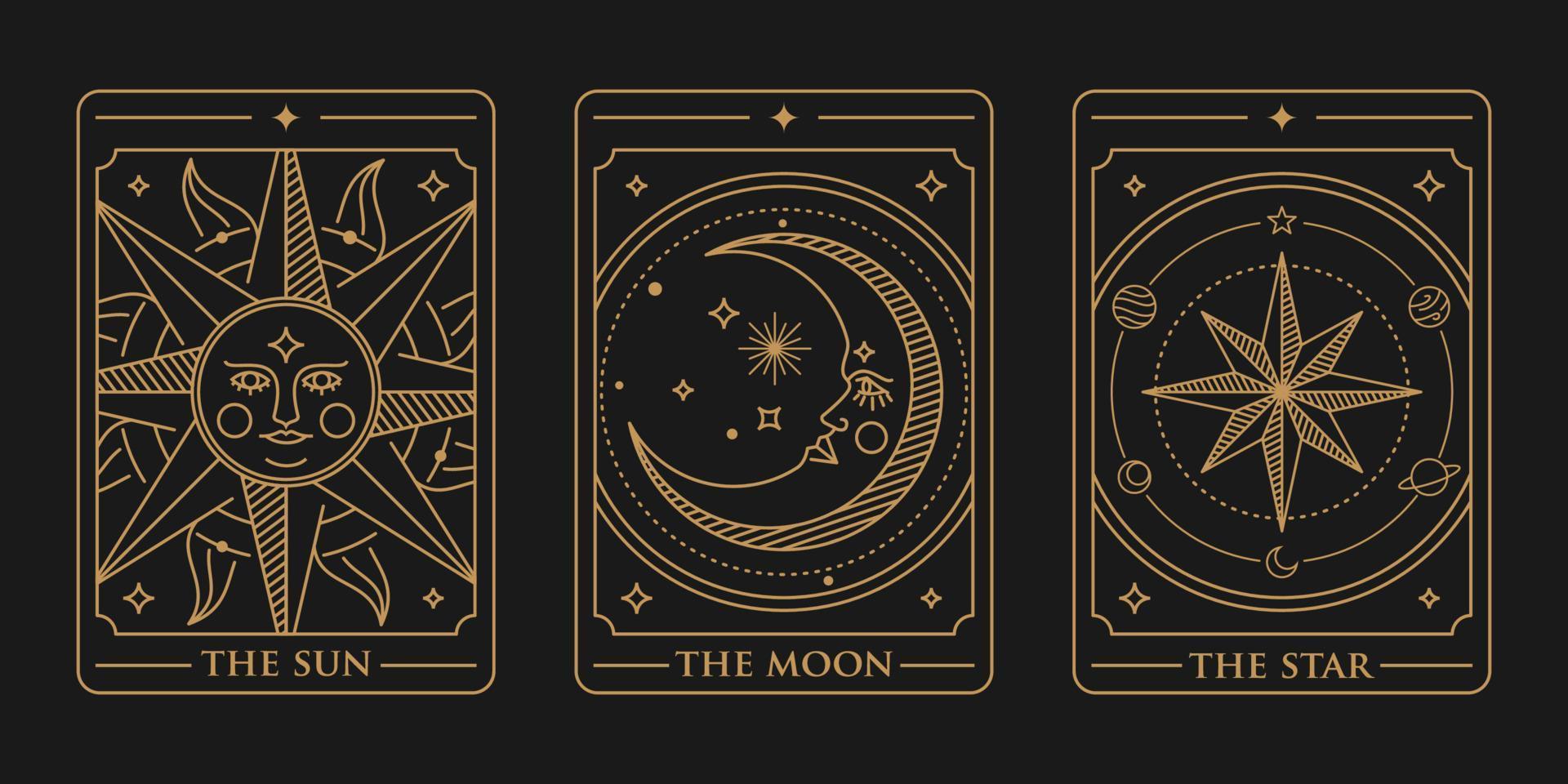 1920x960 tarot deck card set Illustration. the sun, the moon and the star golden tarot card vector. Vintage mystic sun, moon and star tarot card in ornamental line art style 11188827 Vector Art