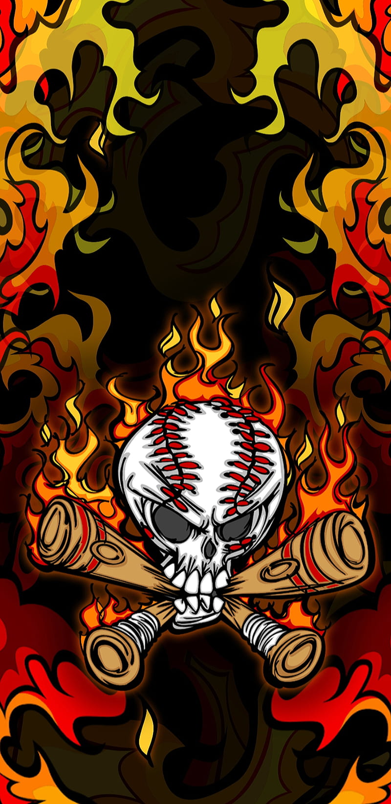 800x1644 FlamingGame, baseball, fire, flame, game, skull, HD phone wallpaper