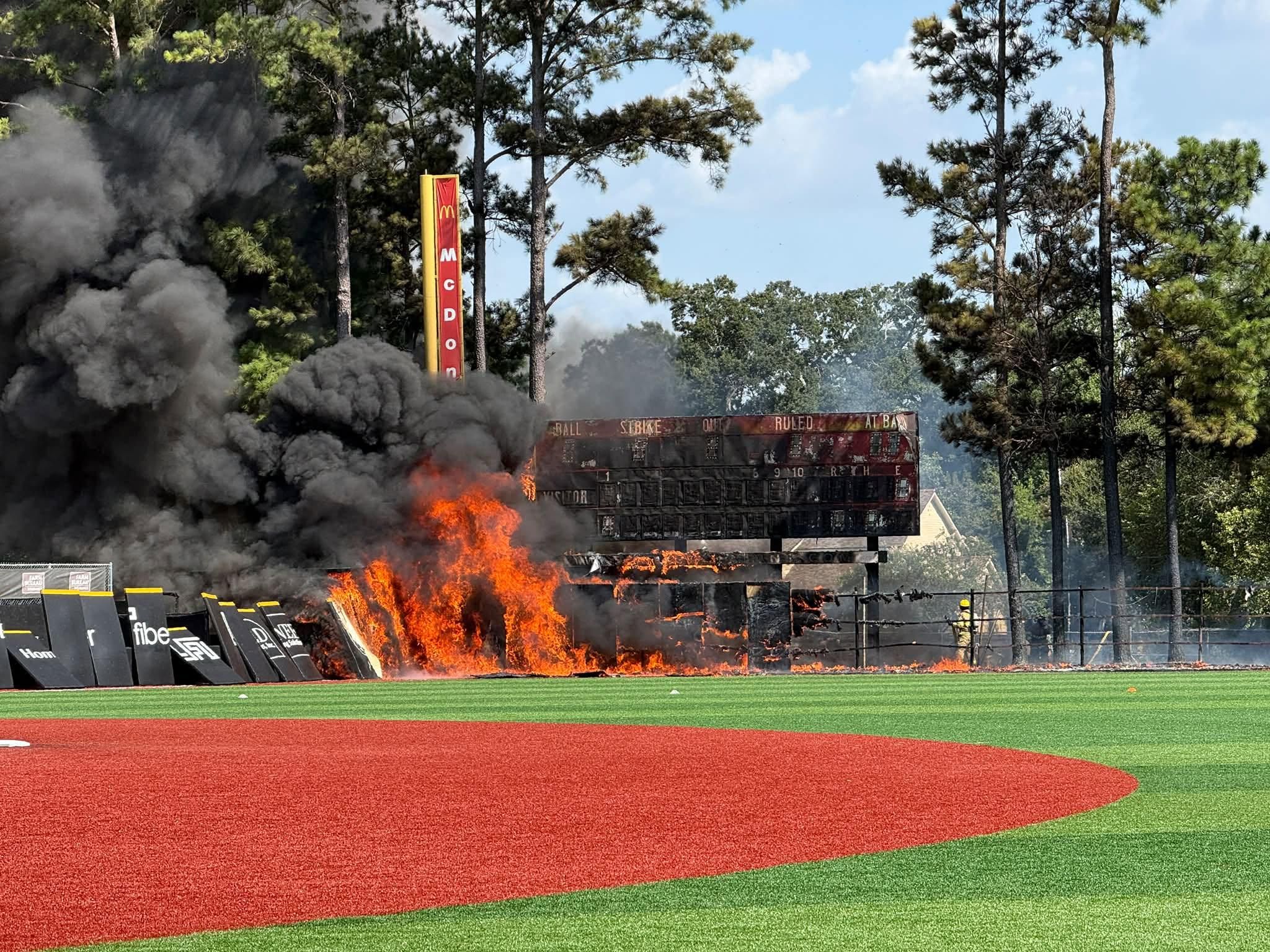 2048x1536 The old scoreboard and some of the protective padding at UL's M.L. Tigue Moore Field at Russo Park caught on fire