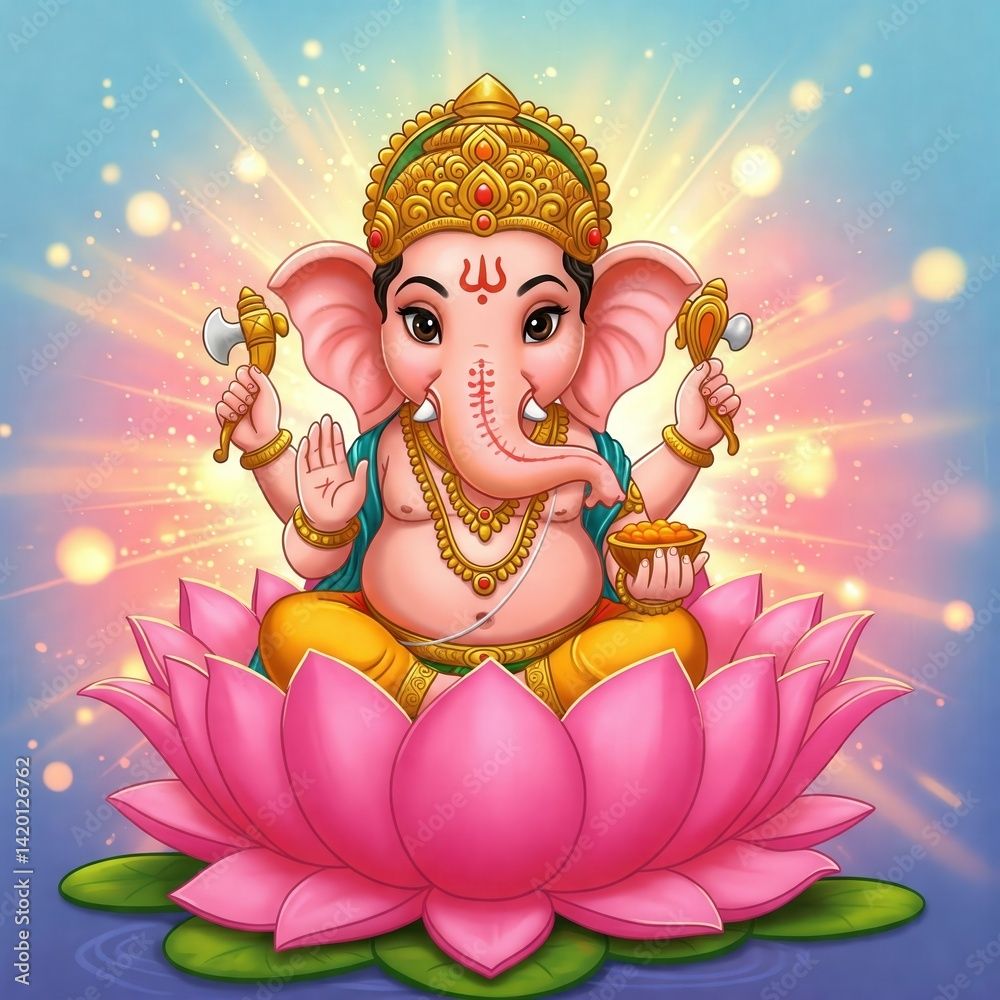 1000x1000 lord ganesh cartoon wallpaper. cute ganesha 4k HD. glowing lotus background art. colorful ganesh ji digital image Stock Illustration