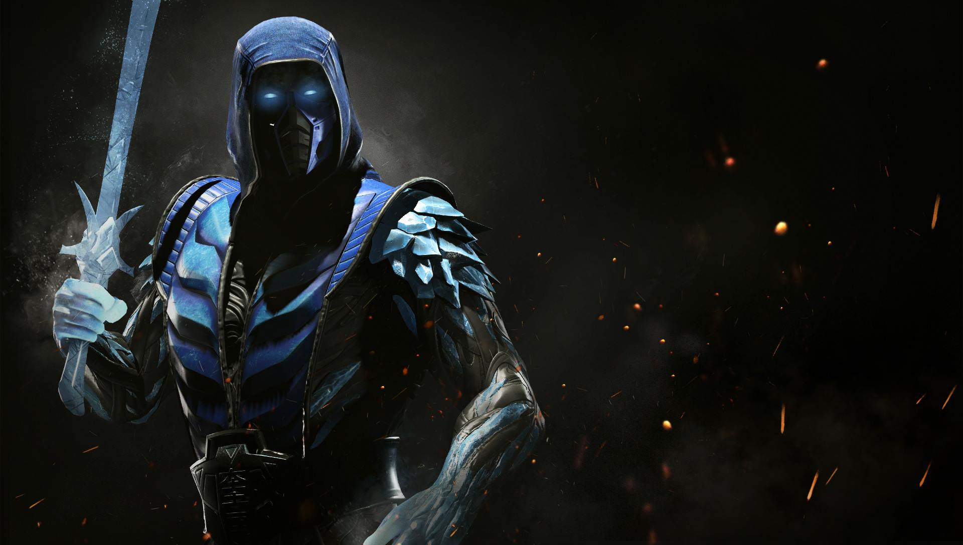 1920x1088 Desktop wallpaper: Sub Zero (Mortal Kombat), Mask, Video Game, Injustice Belt, Blue Eyes, Glowing Eyes, Hood, Ice, Mortal Kombat, Ninja, Sword, Weapon, Injustice 4K free download for PC. 413352