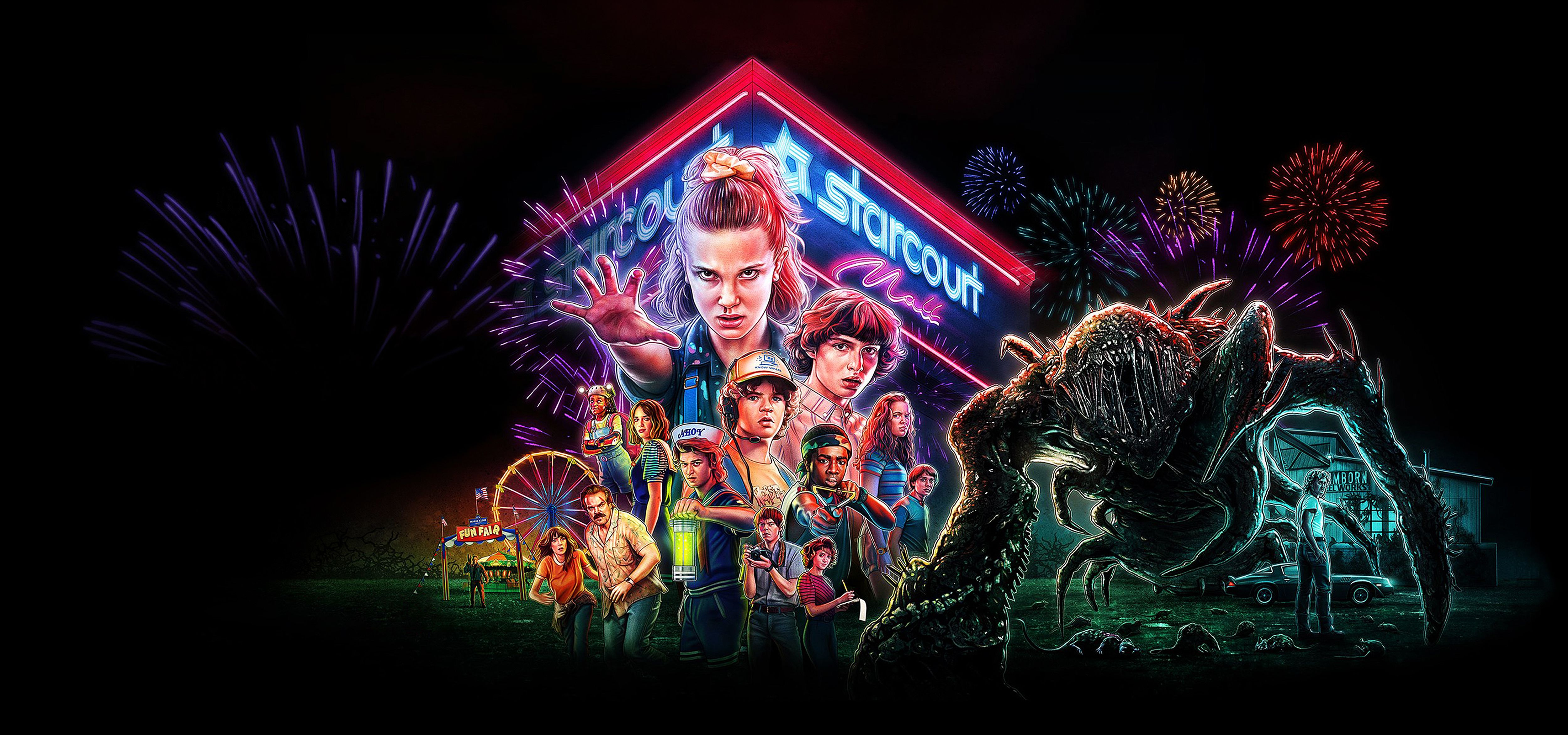 5000x2344 Desktop wallpaper: Eleven (Stranger Things), Stranger Things, Jim Hopper, Robin Buckley, Steve Harrington, Tv Show, Billy Hargrove, Dustin Henderson, Erica Sinclair, Jonathan Byers, Joyce Byers, Lucas Sinclair, Max Mayfield, Mike Wheeler, Nancy
