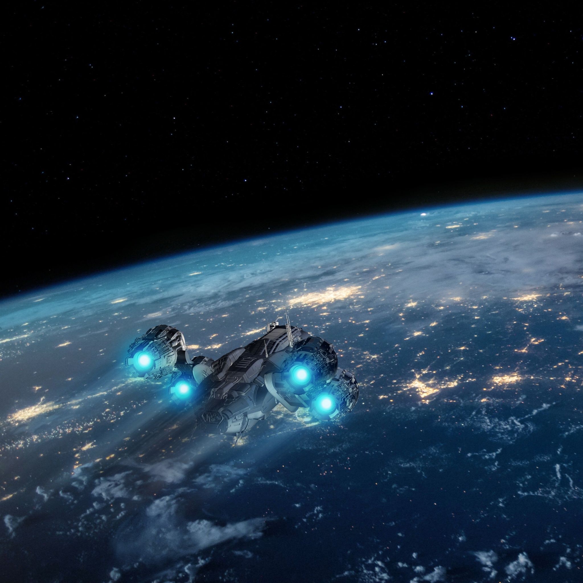 2048x2048 Earth Wallpaper 4K, Spaceship, Night, Stars, Night