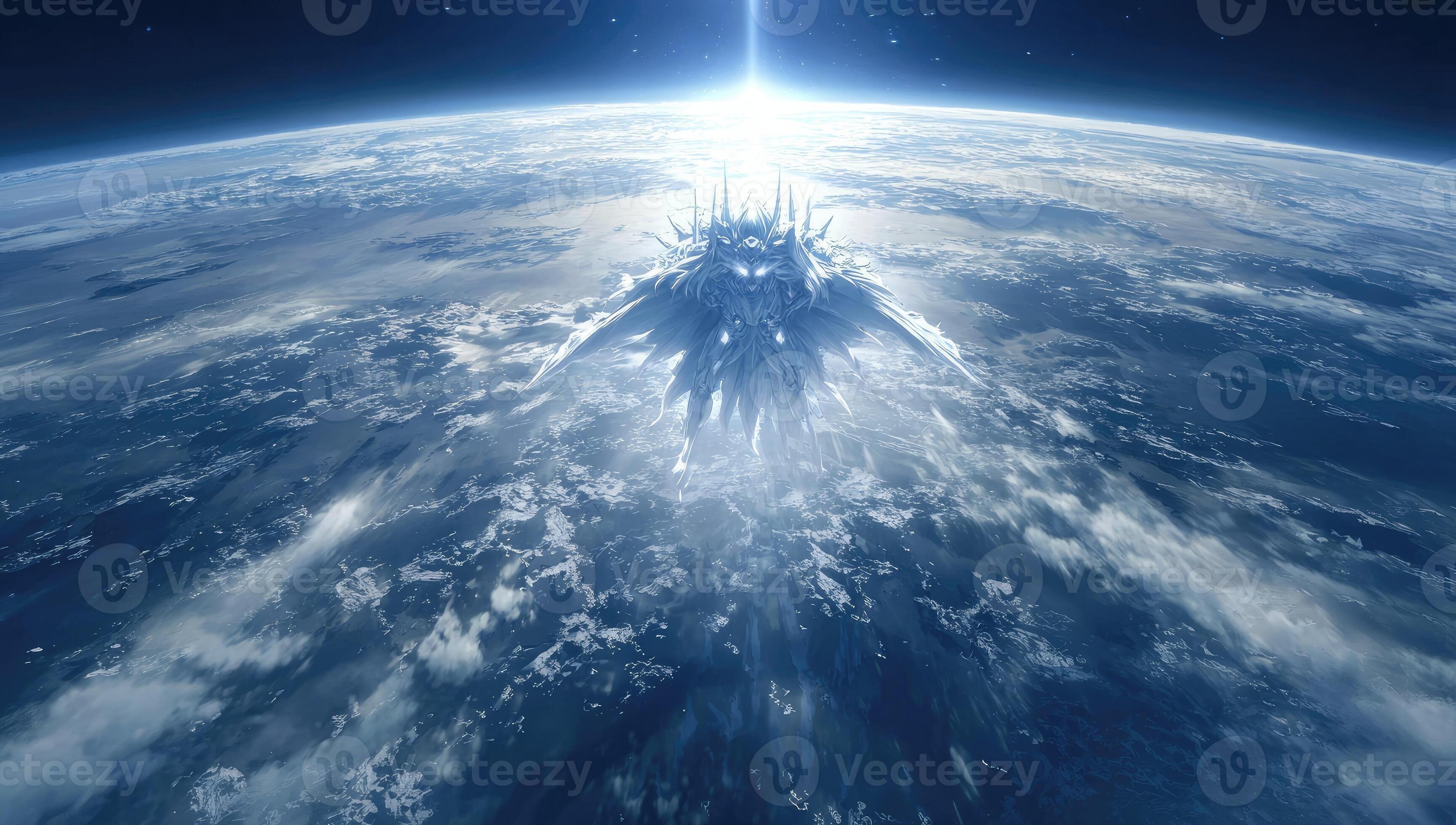 3459x1960 The earth is seen from above with a giant spaceship flying above it