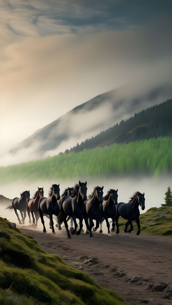 678x1200 Amazing Beautiful Black Horses Running in the Hills for Your Phone Wallpaper