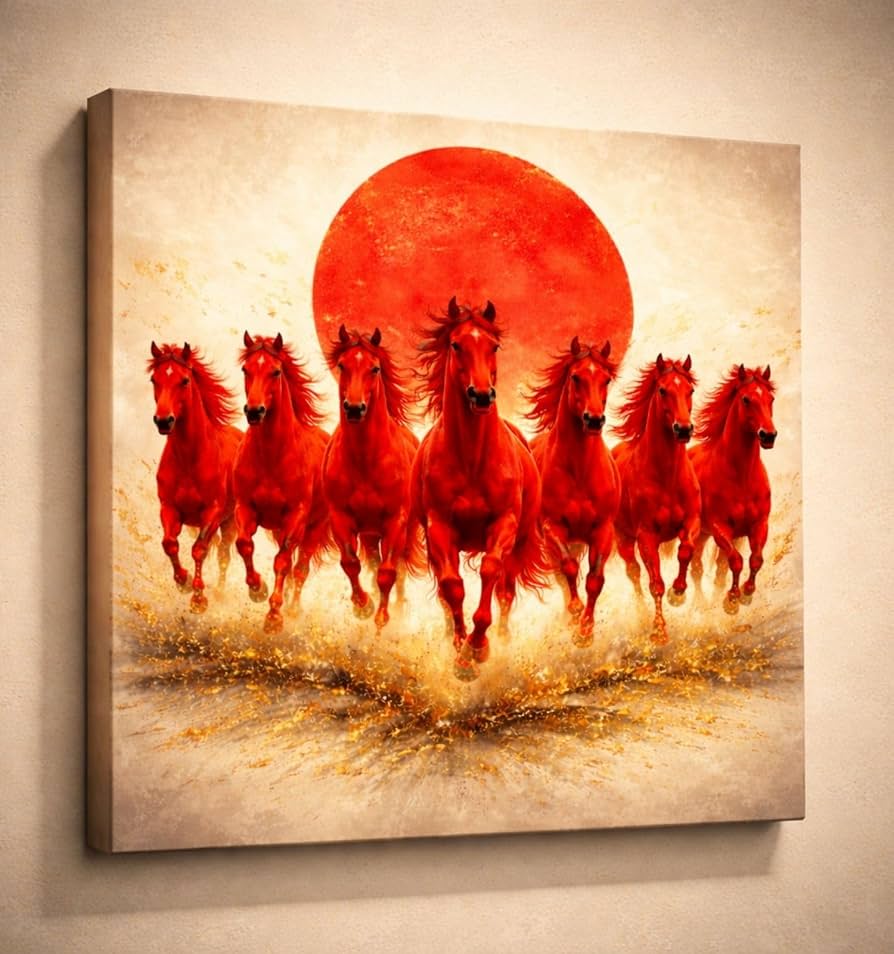 894x954 Kunj Cart Red Horses Vastu Painting. DESIGNS Running Seven Horses Wall Painting For Vastu Home Office Living Room Decoration (Red Horses Vastu Painting, 18x18 Inch, Framed) : Amazon.in: Home & Kitchen