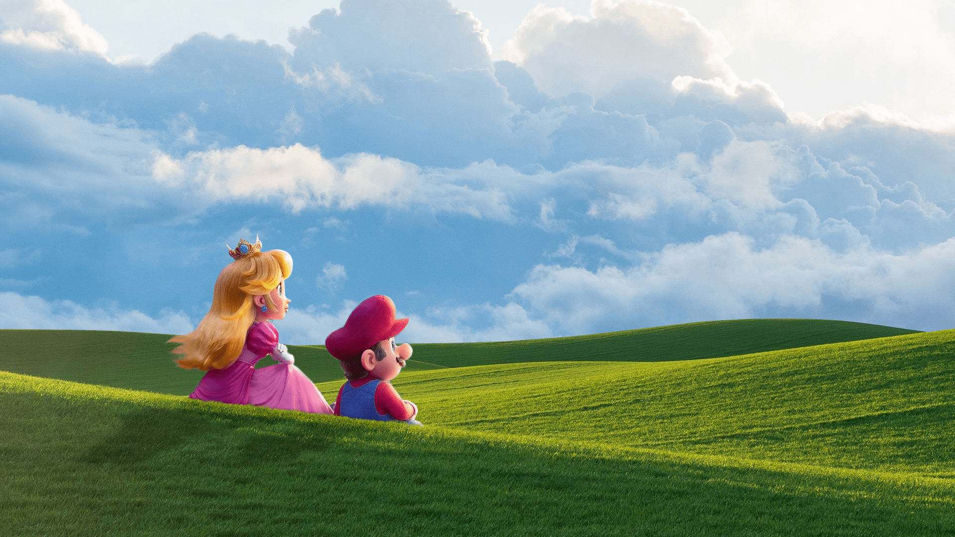 1920x1080 I photohopped Mario & Peach into an empty (but beautiful) landscape 'cause why not. [Yes, I photohopped this. Original are from the Mario movie poster]