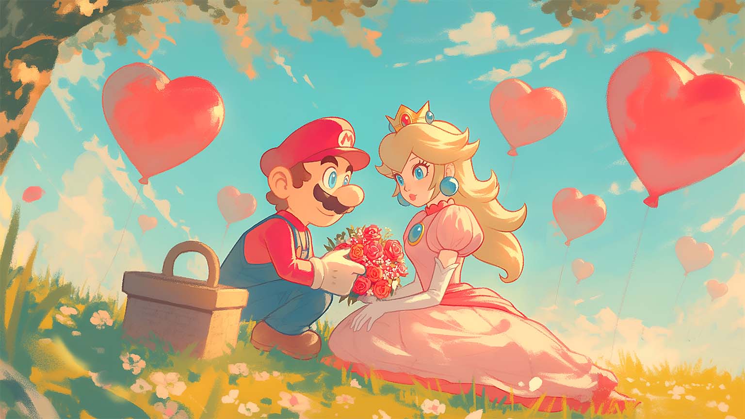 1536x864 Mario and Princess Peach Romantic Picnic Desktop Wallpaper 4K