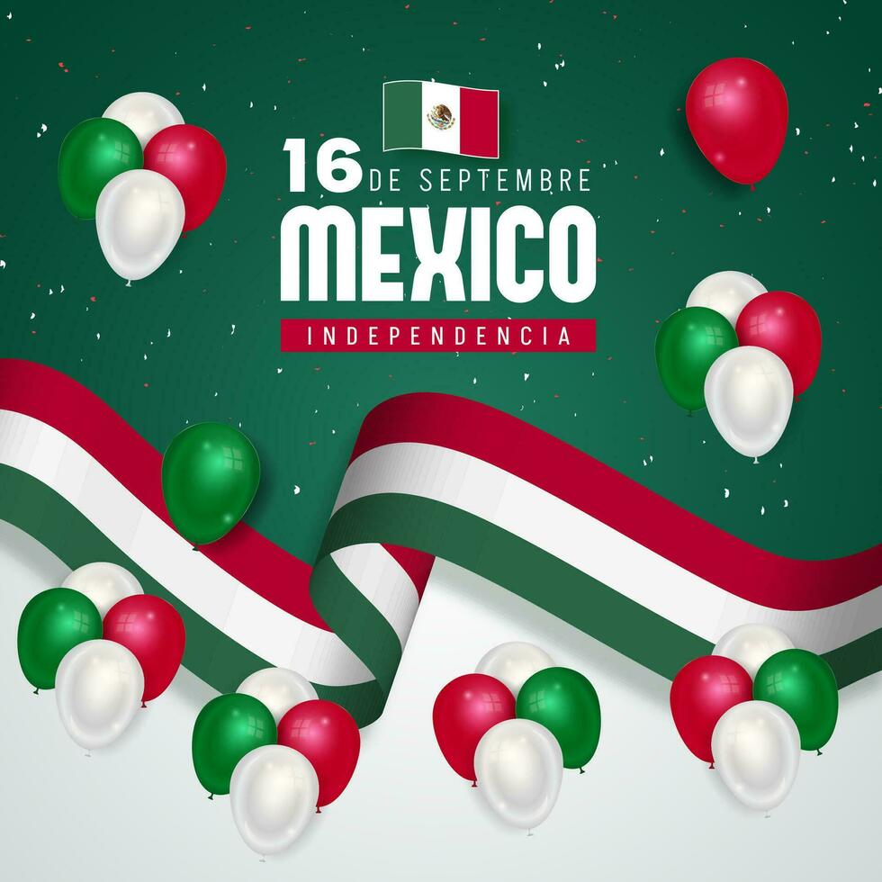 980x980 Happy Mexico Independence Day September 16th with flag balloons confetti and ribbon illustration