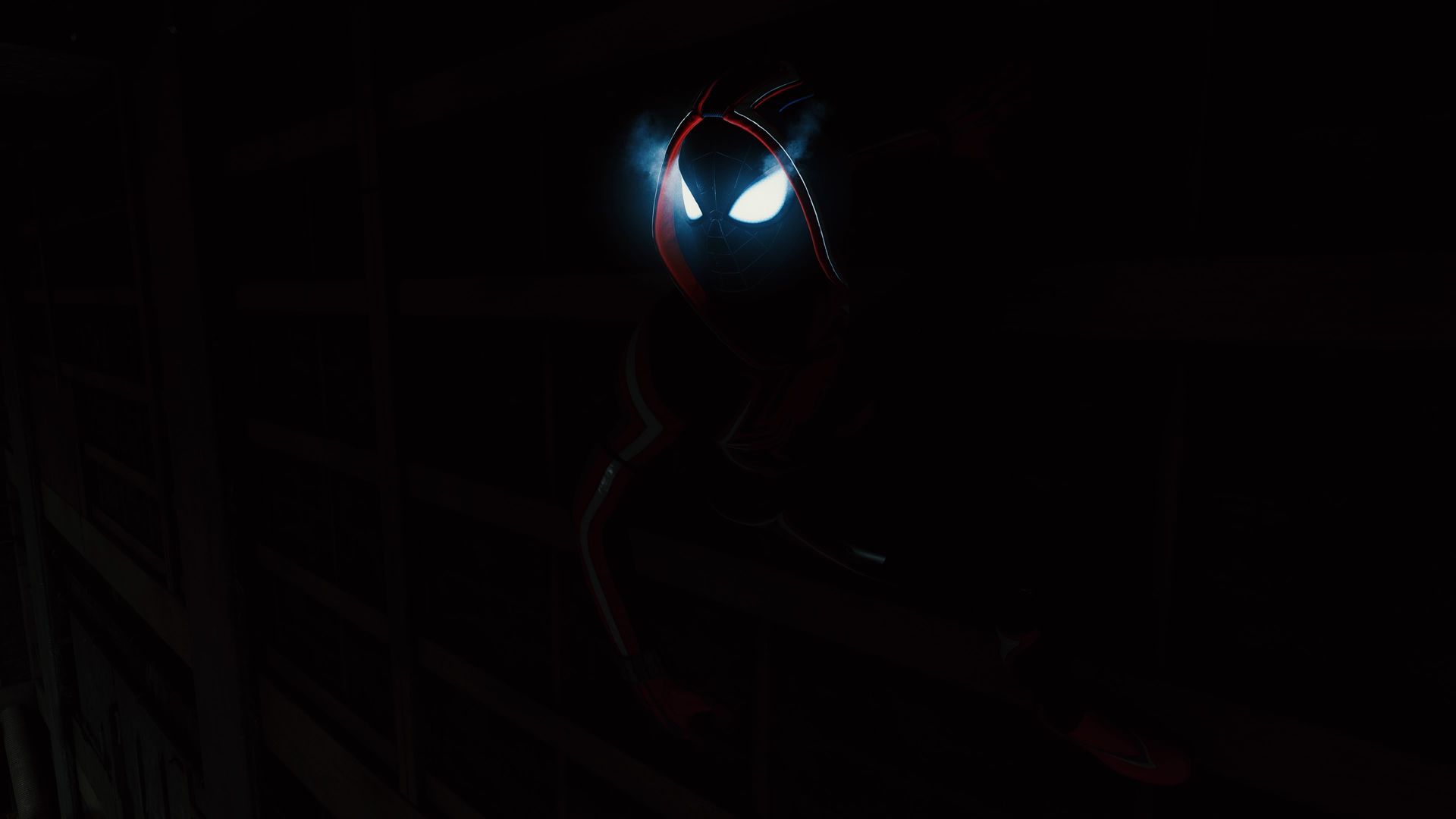 1920x1080 Download Spiderman Miles Morales, Spider man, Miles Morales, Eyes, Black background, Amoled Wallpaper in 1920x1080 Resolution