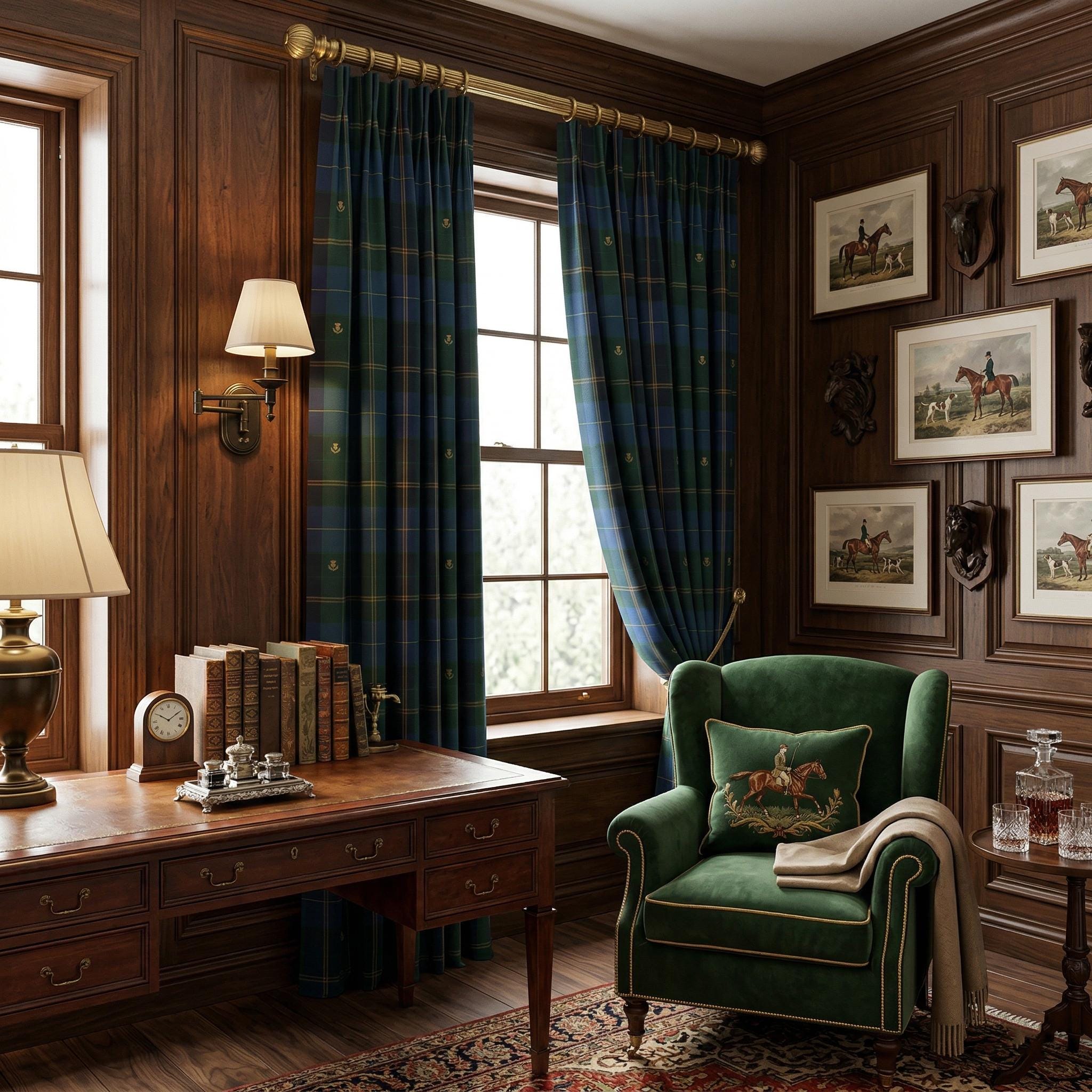 2048x2048 Green Blue Tartan With Gold Flower Window Curtain. Old Money Luxury Home