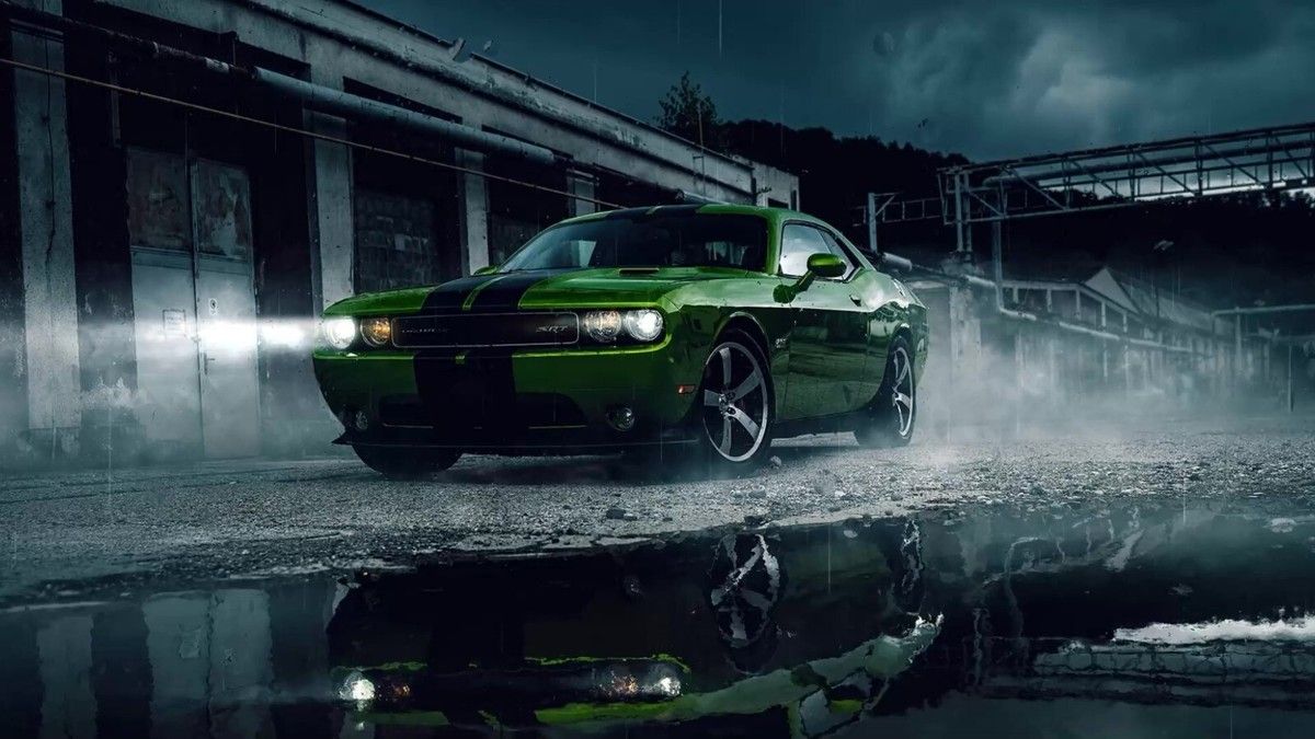 1200x675 Green Dodge Challenger SRT In The Rain. POSTER 24 X 36 INCH