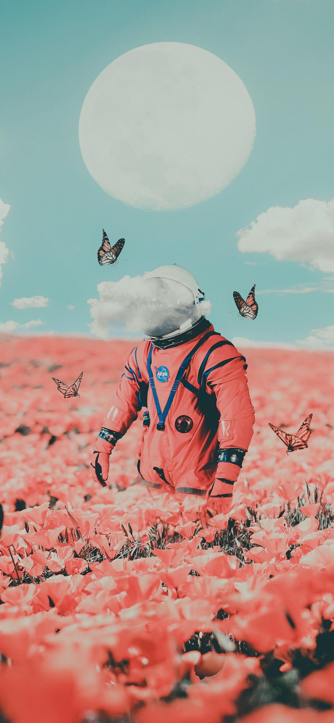 1284x2778 Astronaut 4K Wallpaper, NASA, Flower garden, Butterflies, Surreal, Moon, Clouds, 5K, Fantasy