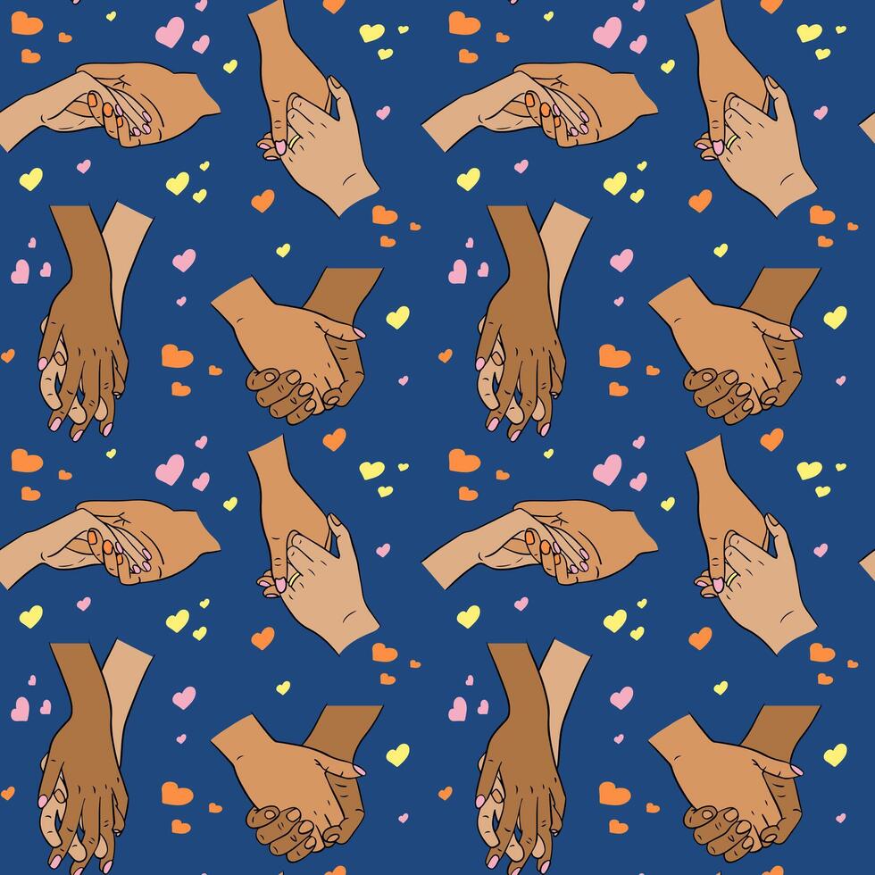 980x980 Flat bold pattern with hands holding together. Love concept. Males and females hands of people in relationship. Unique print design for textile, wallpaper, wrapping