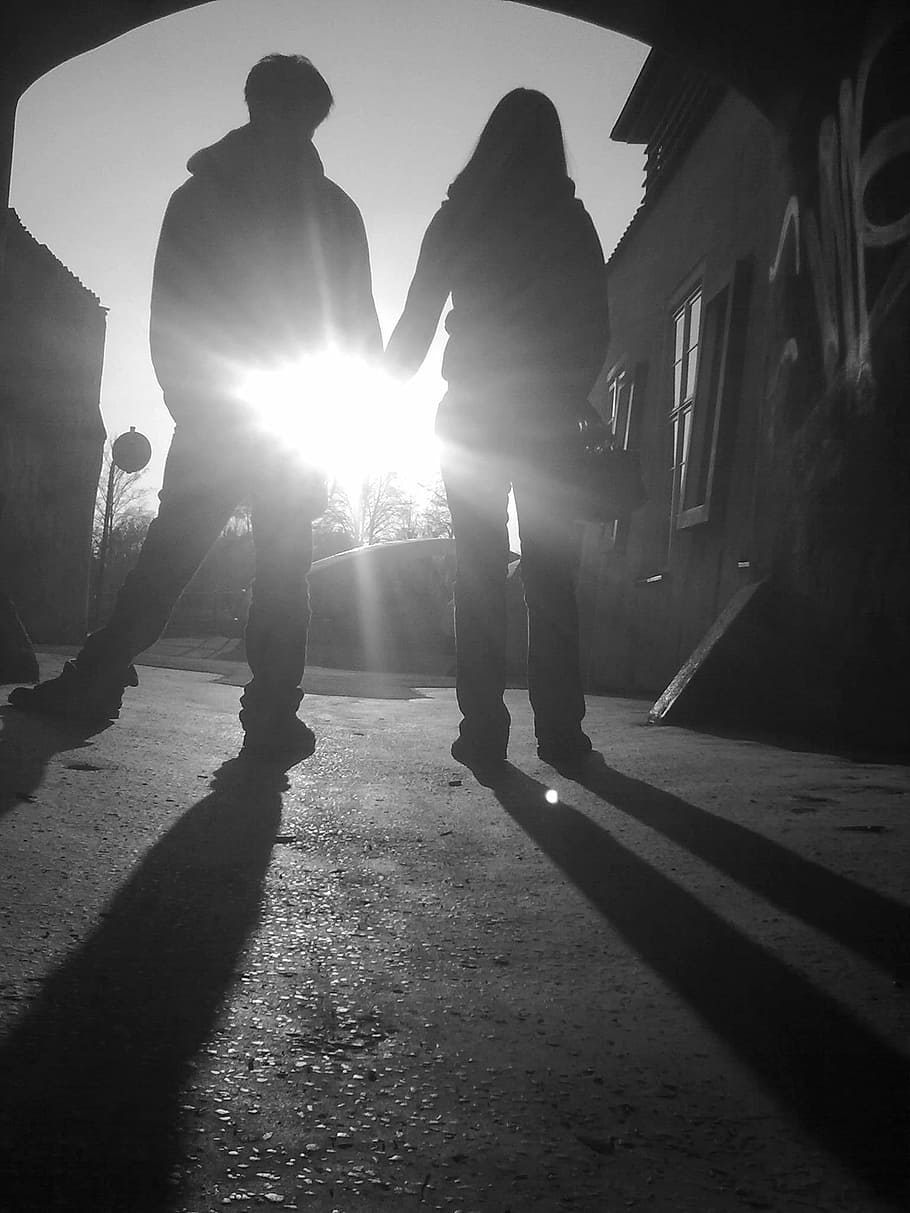 910x1213 HD wallpaper: silhouette of man and woman holding hands, late walk in two, people