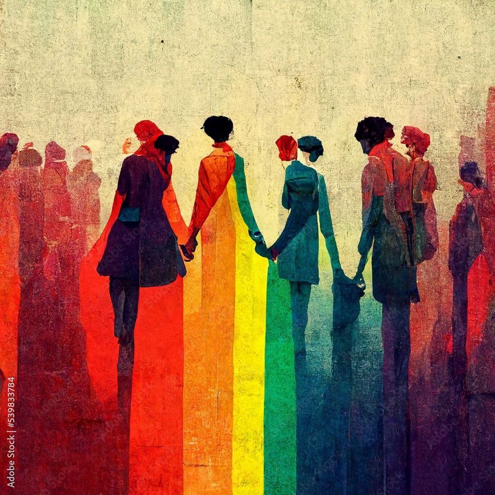 1000x1000 Ilustração Abstract LGBTQ+ illustration, people holding hands, gathering together with gaypride colors, diverity, inclusion, love, gender, homosexuality.Painting, concept art, illustration, wallpaper do Stock
