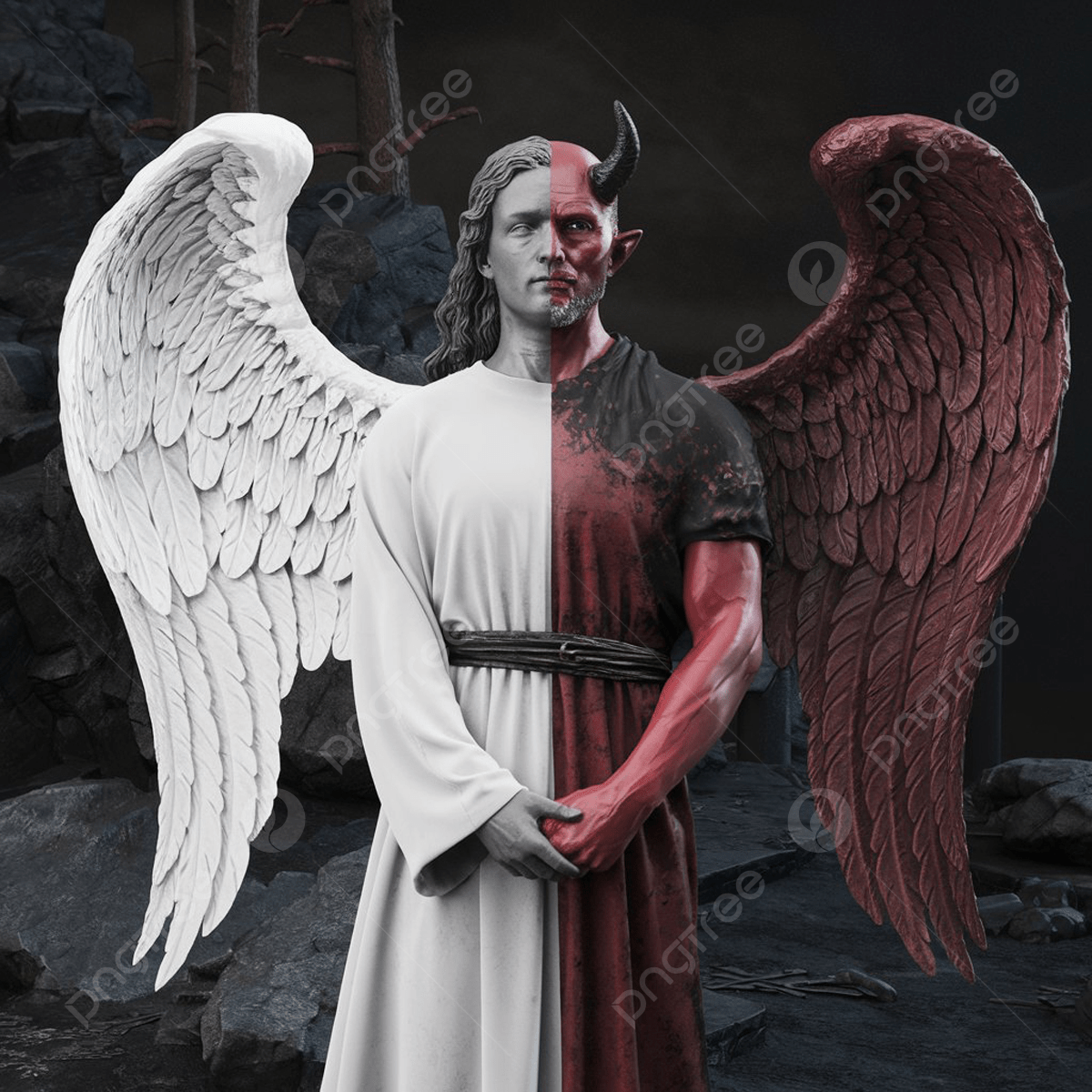 1200x1200 An Illustration Of A Dark Scene With Half Angel And Devil Figure The Has White Wings Wears Robe Red Skin Horns Background Is Rocky Terrain Few Trees, Jin, Man, Devil Background Image