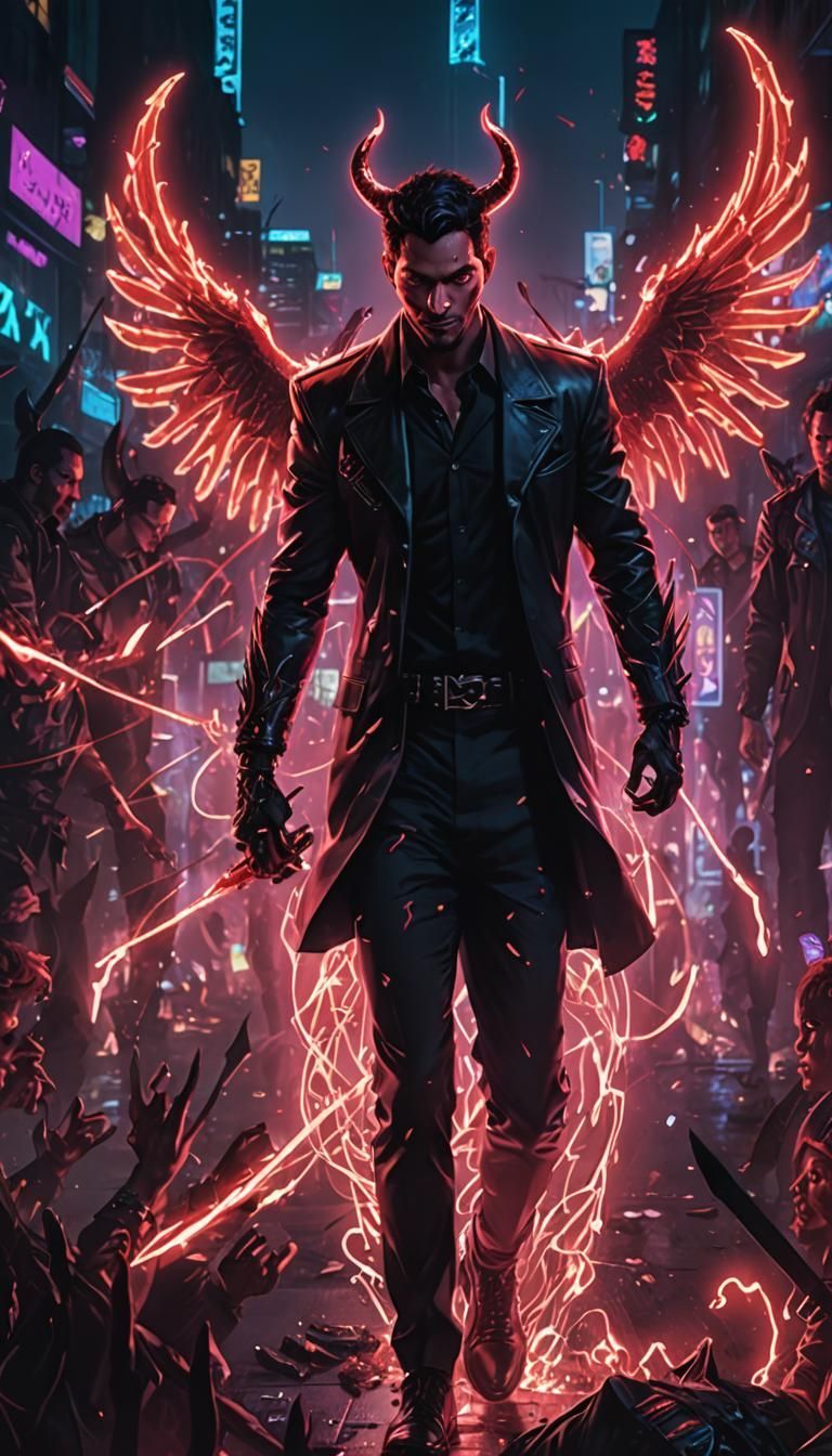 768x1344 Lucifer: Half Angel, Half Devil Neon Wallpaper